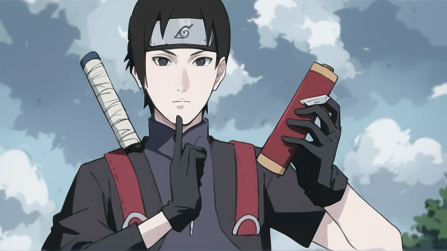 Sai, sai from anime naruto, 1boy, solo, black hair, black eyes, forehead protector, konohagakure symbol, crop zipper, long sleeves, short sleeves, background outdoors
