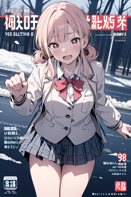 (Magazine Cover:1.7),((masterpiece, highest quality:1.3)),cowboy shot,20 year old beauty,solo,((very small head)),((long body、long body)),pink hair,long hair,pink eyes,bangs,white headphone,medium breasts,slender body,skinny,shiny skin,oily skin,sweat:1.5,shy,Academy服姿、Sailor suit、Crop length、Navy blue sailor collar、Red neckerchief、Navy blue pleated mini skirt、White panties,sitting,spread legs,classroom、Academy、