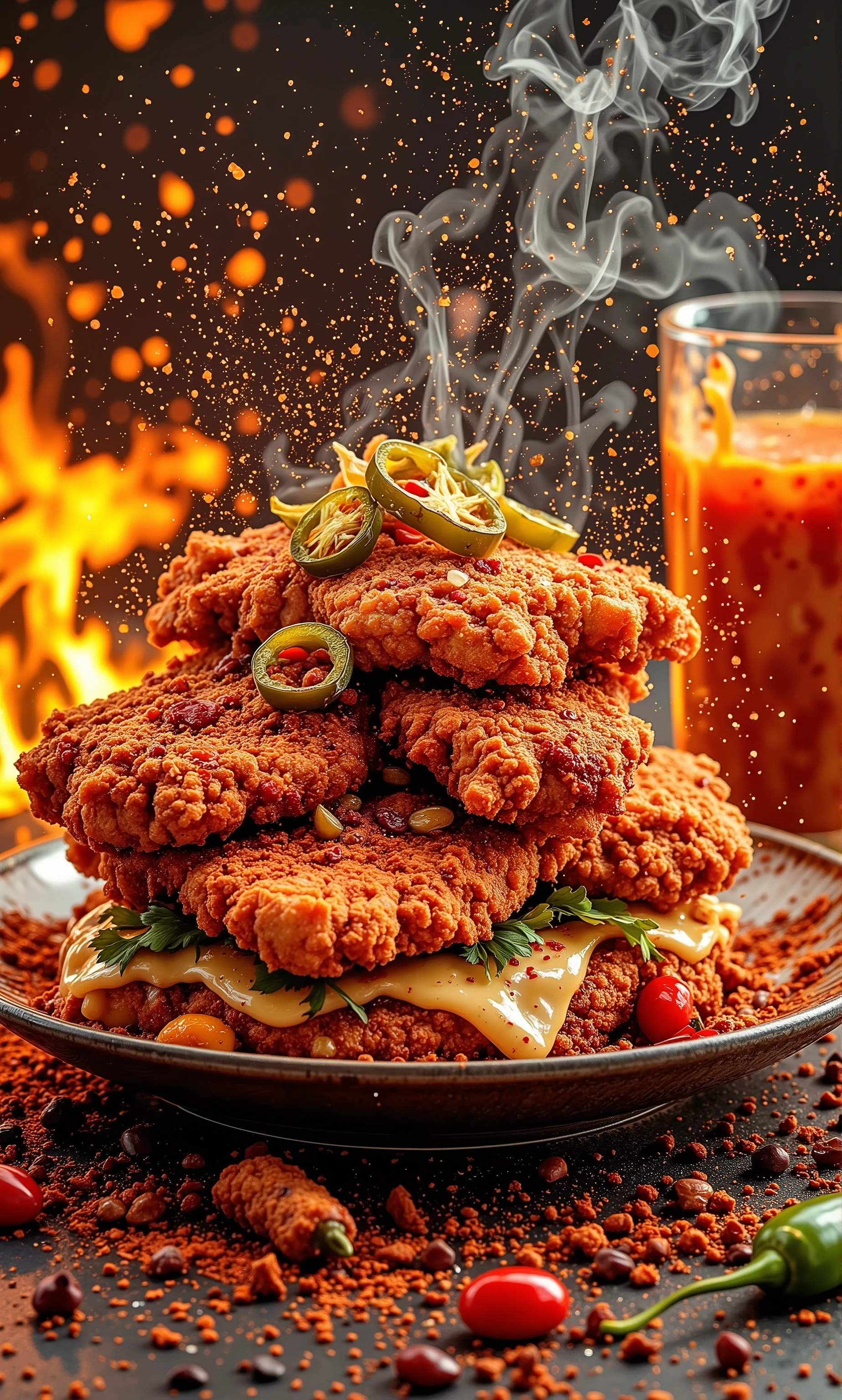 A high-quality commercial art photograph of an ultra-spicy creation featuring two crispy fried chicken fillets as the base, coated in an intense, fiery red blend of cayenne, ghost pepper, and paprika. The chicken’s deep red, almost glowing crust is covered in chili flakes and spice dust, with steam rising from its crunchy, heat-packed surface. Between the fillets, melted pepper jack cheese, crispy jalapeños, spicy mayo, roasted red peppers, and sizzling hot sauce enhance the extreme spice. The bold, vibrant background and fiery lighting emphasize the intense heat and indulgence, perfect for a food photography-style advertisement.
