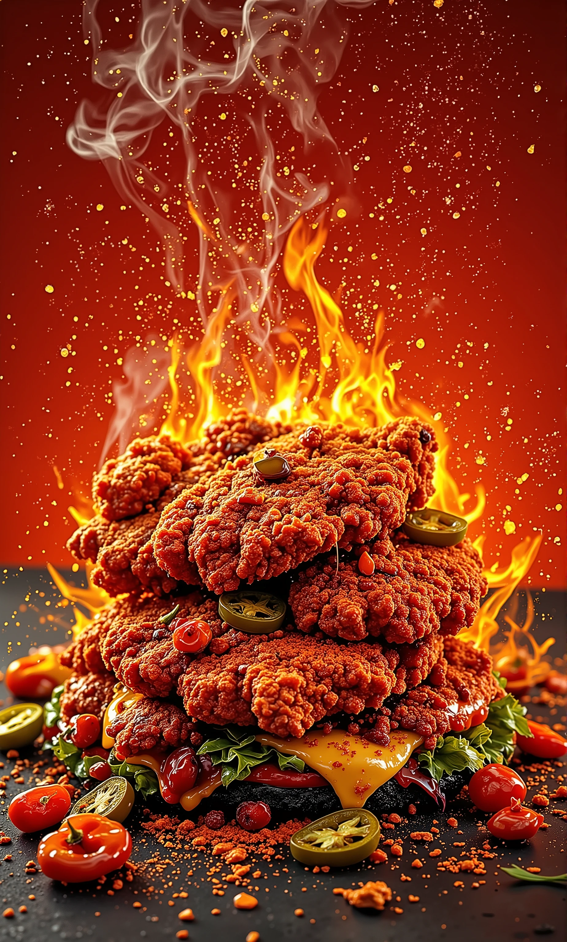 A high-quality commercial art photograph of an ultra-spicy creation featuring two crispy fried chicken fillets as the base, coated in an intense, fiery red blend of cayenne, ghost pepper, and paprika. The chicken’s deep red, almost glowing crust is covered in chili flakes and spice dust, with steam rising from its crunchy, heat-packed surface. Between the fillets, melted pepper jack cheese, crispy jalapeños, spicy mayo, roasted red peppers, and sizzling hot sauce enhance the extreme spice. The bold, vibrant background and fiery lighting emphasize the intense heat and indulgence, perfect for a food photography-style advertisement.