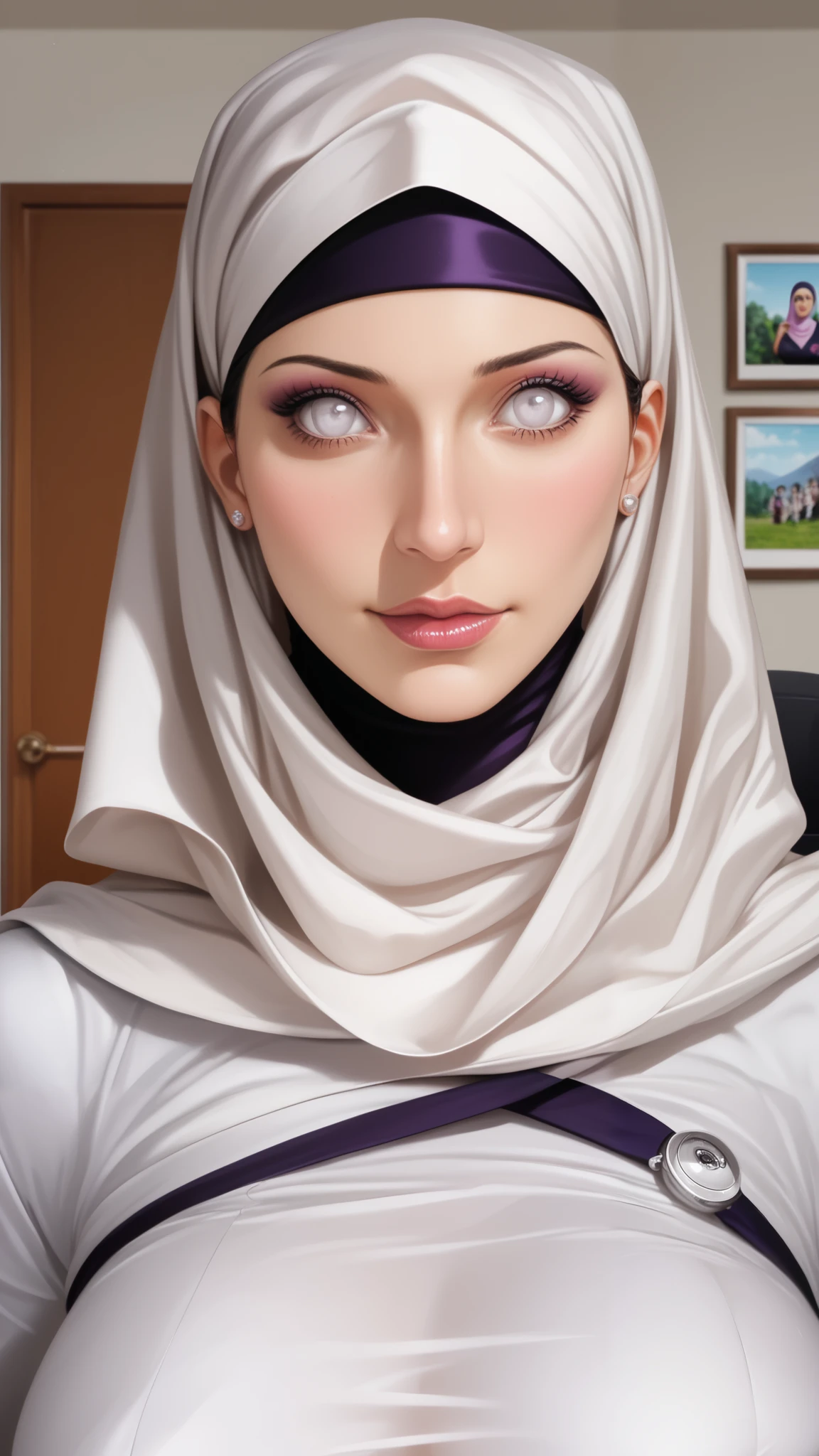 realistic,score_9, score_8_up, score_7_up, Game Art, Animation,Best image quality,Maximum resolution,picture quality,(A bust photo),(portrait),(Head close-up),(Rule of Thirds),Unreal Engine 5 rendering works,34 year old Beauty Woman,((Queen)),The eyes are very detailed,(Large Breasts),Elegance and nobility,Ray Tracing,56 years Old, Hijab Japanese mature woman, Big : 46.9, Gamis, curvy body, at doctor office, High light, at daytime, Hinata_Hyūga's/Boruto,White Eyes.