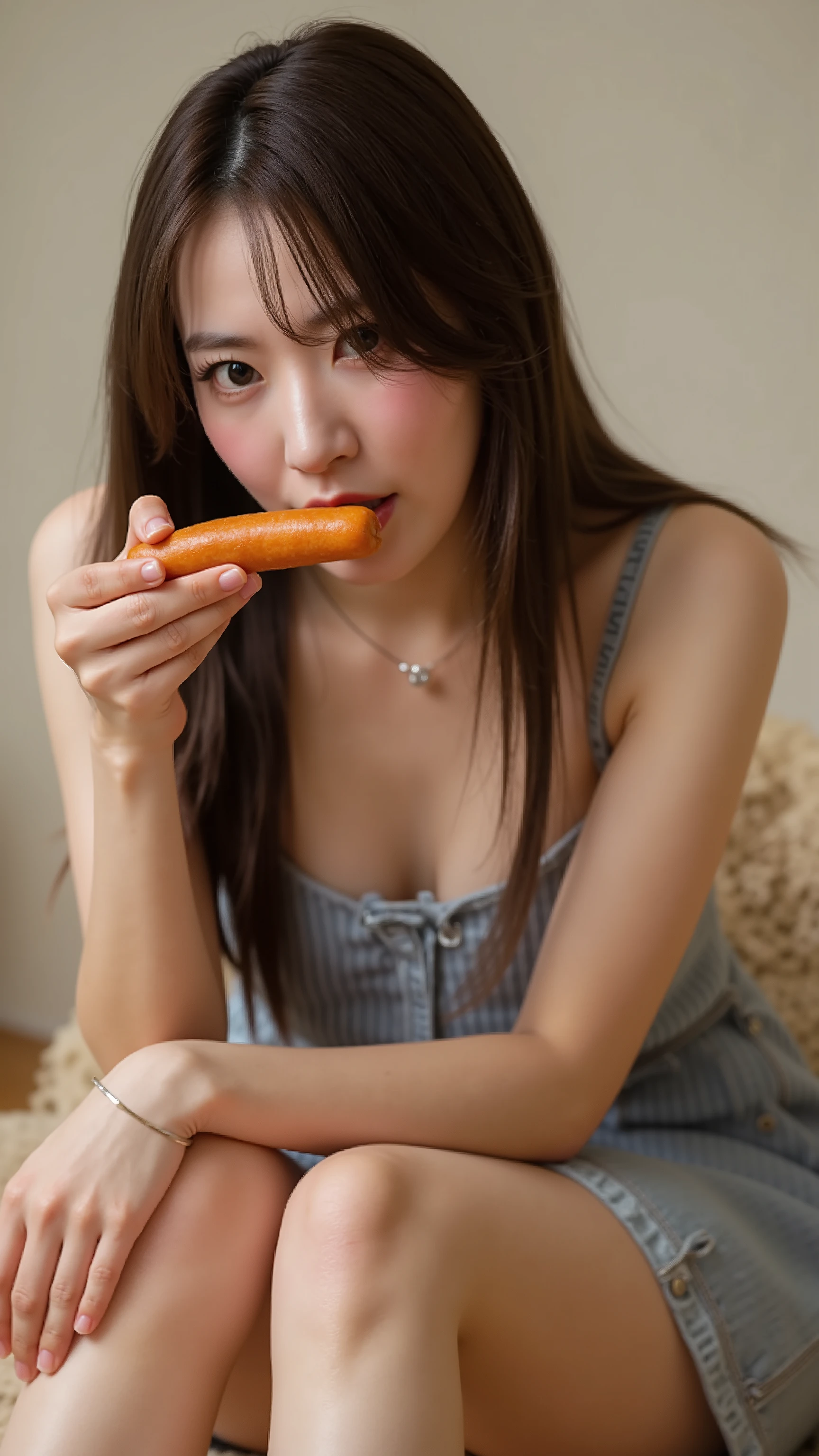 A high resolution photograph of a Japanese woman in mini dress with long hair on knees. She thrusts a thick corn-dog in hand deep into her mouth. She is pushing and pulling the thick corn-dog deep into mouth. She looks at the viewer with a painful expression, intricate details, best quality, 8k.