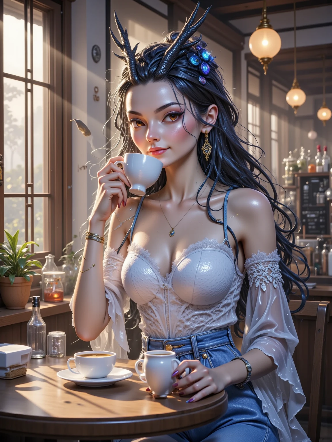 a picture of a curvy woman (Masterpiece 1.5, intense details), full body (Masterpiece 1.3, intense details), sitting in a bar, sipping a cocktail, wearing a white mini dress (Masterpiece 1.3, intense details), slightly hiding the edge of white silk stocking (Masterpiece 1.3, intense details), almost hiding vampiric fangs (Masterpiece 1.3, intense details), wearing high heels, smirking, glasses, black choker (intense details) , make up, black hair, long hair, ponytail, very long hair, hair strand, hairpin, eye reflection, intense azure eyes, light makeup, shy, blush, photorealistic, Realism, depth of field, dim light, full body, silhouette, from side, Ultra-Wide Angle, retina, UHD, best quality, 8k, highres, high details, (Masterpiece:1.3), (8k, Photorealistic, RAW Photography, Best Quality: 1.4)