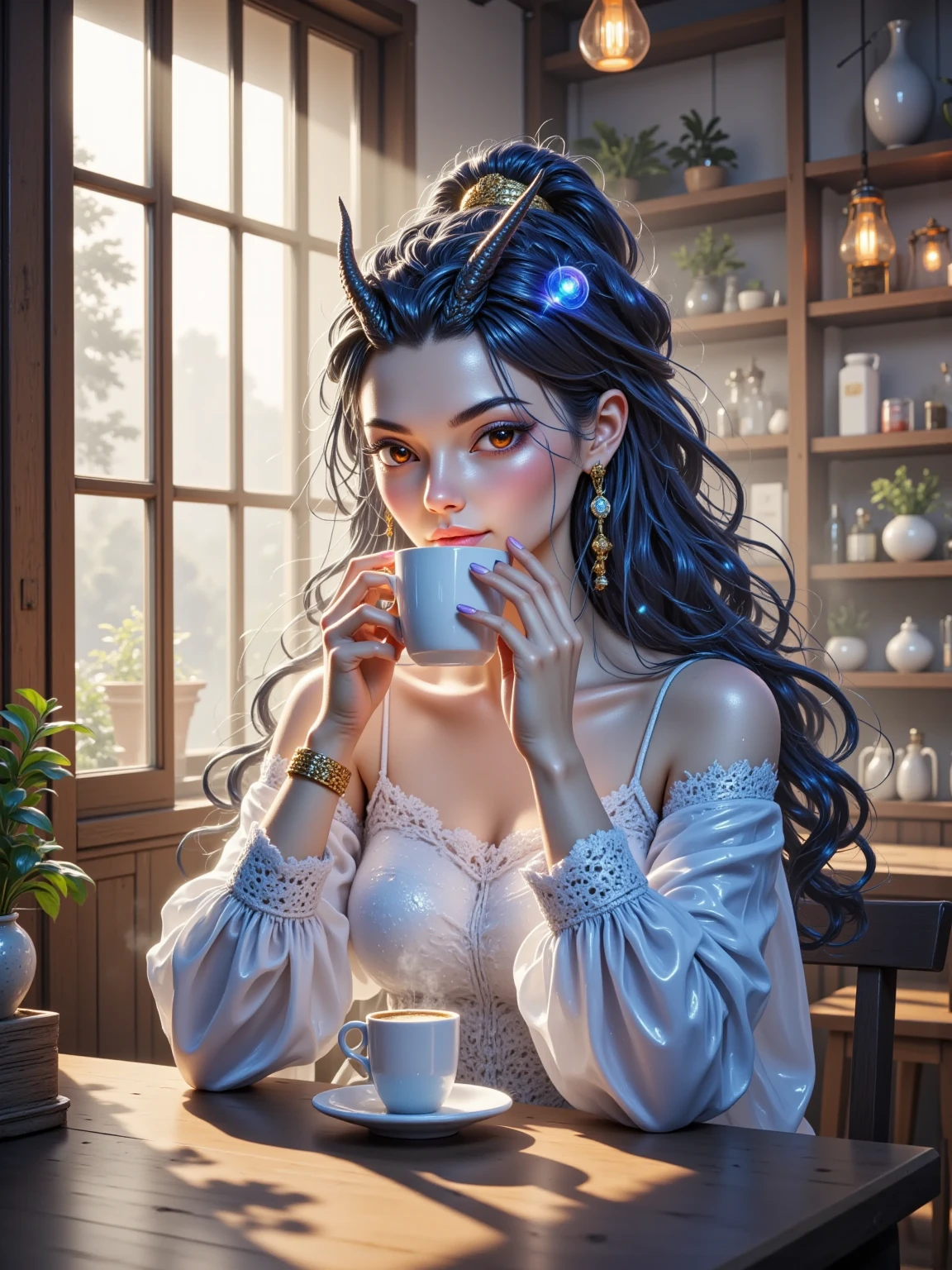 A beautiful demon girl enjoying a morning coffee, detailed facial features, porcelain blue skin, long flowing hair, intricate horns, elegant black dress, serene expression,seductive. Flirting.amber glowing eyes.steam rising from the cup, warm lighting, photorealistic, highly detailed, cinematic composition, dramatic chiaroscuro lighting, muted color palette.epic cleavage (100e breast size). Early morning light.