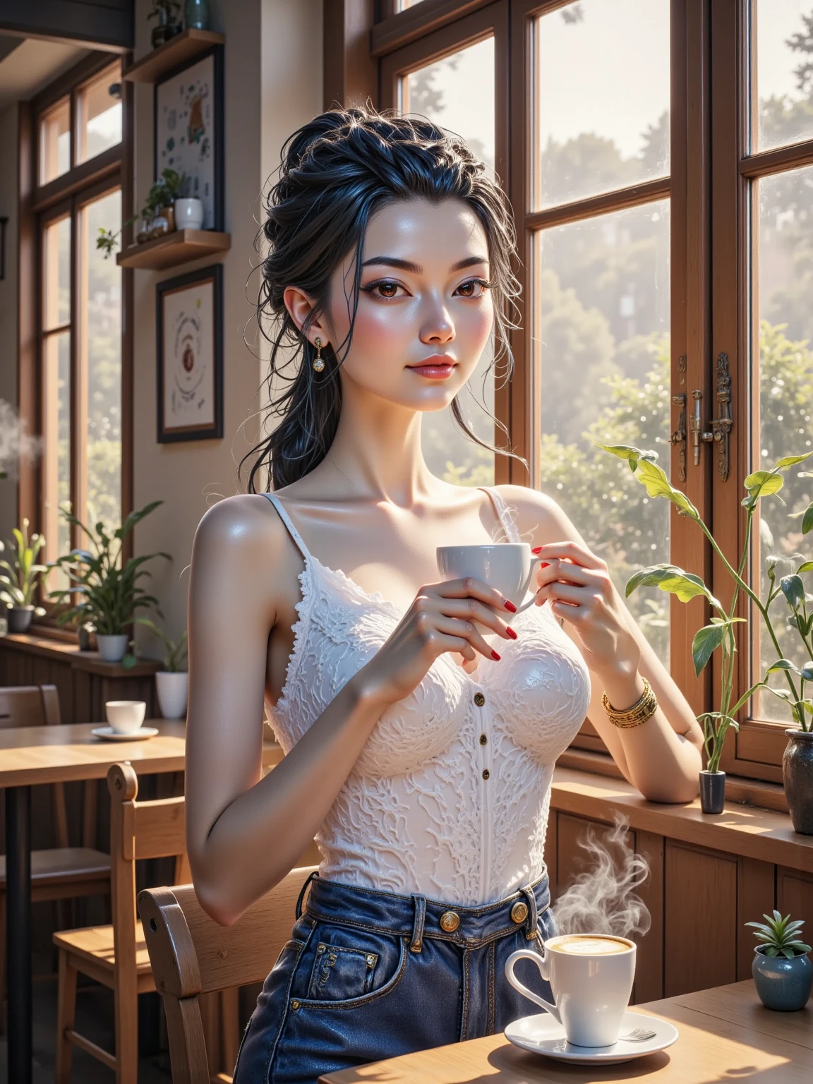 Young woman afternoon tea swimsuit translucent pants translucent clothes
