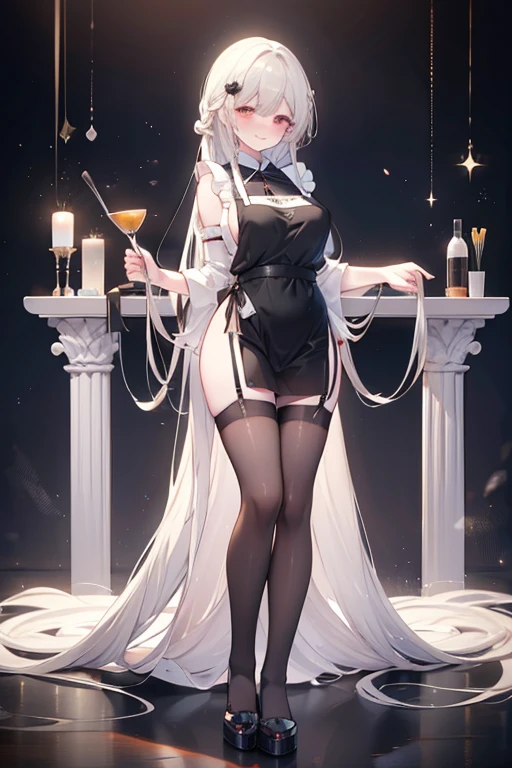 masterpiece, best quality, super detail, silver hair, embarrassing, (embarrassed smile), blush, collar, (at the show), (in front of azur lane girls crowd), bokeh, looking at viewer, full body, standing, silver hair, argus\(azur lane\), silver_hair, medium breasts, gray_eyes, hair_clip, argusorigin, black stockings, camel toe, crown on head, black lace pants, bra, licking ice cream, enjoying, black transparent dress,