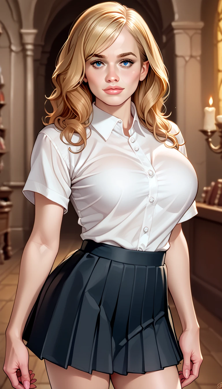 young Scarlett Johansson, cleavage, tied shirt, midriff, flashing panties, short skirt, stockings