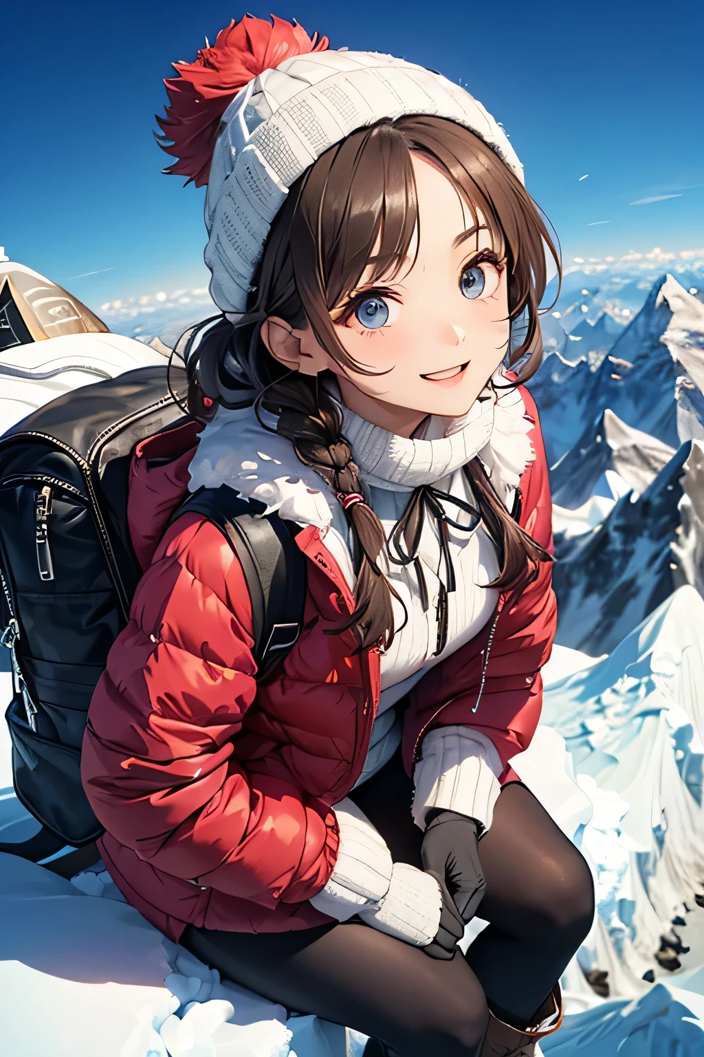 highest quality、High resolution、Detailed Background、(Beautiful face in every detail:1.4)、Anatomically correct、(Detailed facial expressions)、(Detailed eyes:1.2)、Beautiful women in their 20s、(Highly detailed face:1.4)、Cute hair colour、Braided Ponytail、Braided long hair、Wavy Hairstyle、well-groomed eyebrows、Cute gestures、From the summit of Everest、
(A beautiful woman with a satisfied expression taking a photo at a powerful angle from the summit of Mount Everest at an altitude of 8,000 meters:1.5)、
The spectacular sight of the world's highest peak unfolds before your eyes.、The snowy peak of Mount Everest, towering above the sea of clouds, looks like a giant white spire stretching into the heavens.、Its imposing appearance seems to symbolize the pinnacle of the Earth.、Standing at the peak at an altitude of 8048 meters、The view from there is magnificent.、Beneath my feet is a deep valley and steep rock faces, with a small mountain reflected in the distance.々is a series of、
Far below you can see the sea of clouds and the towering figure of Mount Everest.、
The white snowy tops reflect the sunlight and look like gods.々It seems to emit a bright glow.、
The overwhelming presence will take your breath away.、The blue sky and the pure white snowy peaks create a beautiful contrast.、
You can feel the grandeur of the highest peak on earth and the smallness of humans.、You can capture the overwhelming power and grandeur of the place.、This will be a thrilling and moving piece that was achieved at the risk of one's life.、
Choose a lightweight, warm down jacket。Elegant design with fur、
Stylish leggings with a tight silhouette、The warm high-necked top gives a mature and elegant impression.、The colour should also be calm.、Sturdy hiking boots、Chic beige and grey design、Gloves and neck warmer、Add accents with accessories such as knit hats、A functional backpack-type bag