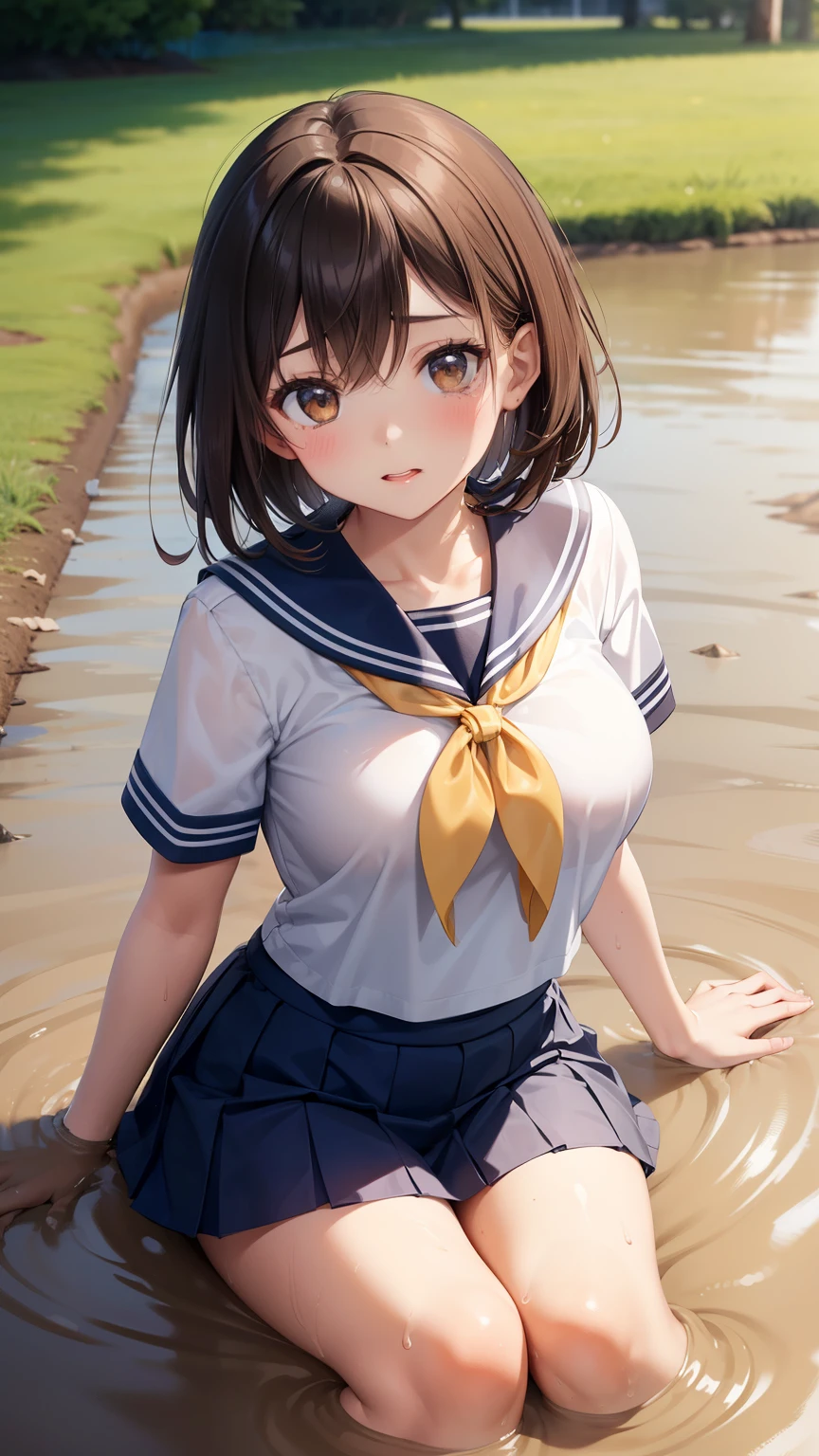 (a woman is hiding in the shadow and leaving from street, tree, fence), (((round face, drooping eyes, blush, crying))), hentai, ((navy-colored-summer-sailor-suit, pleated skirt, sailor scarf, white-socks, loafers)), (((incontinent, peeing, humiliated))), (((pee dripping from the crotch))), embarrassing, outdoor, (standing and straddling to hit her crotch area from over clothes against a vibrating grass trimmer handle),