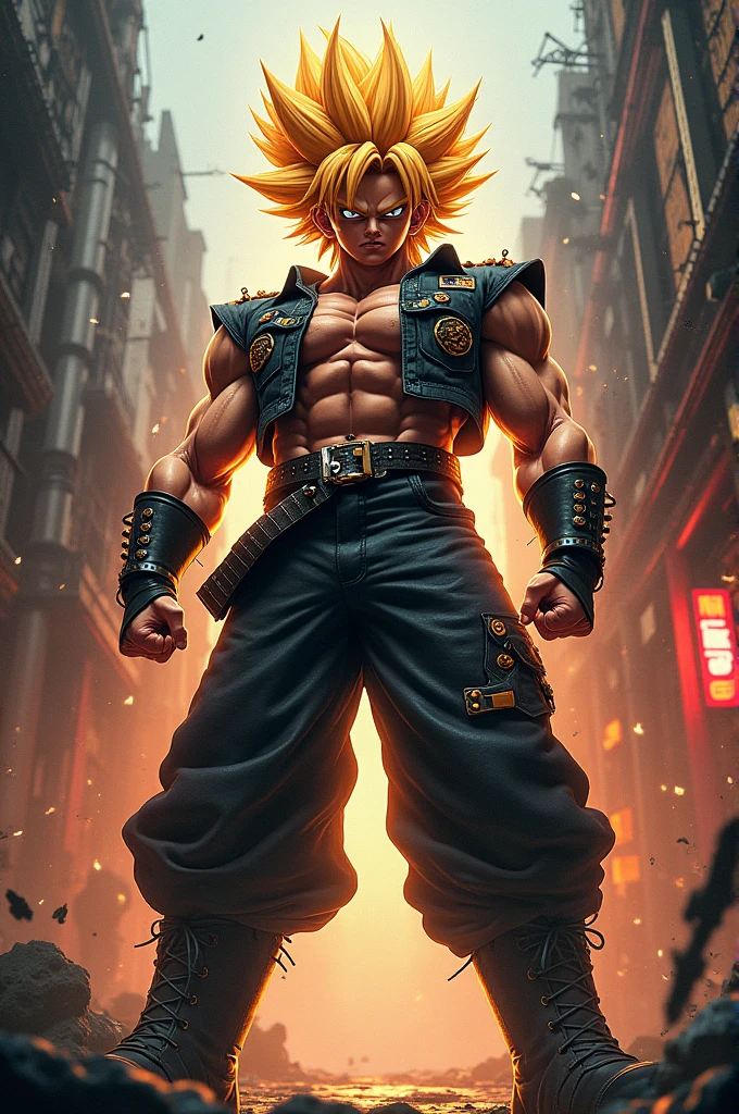 A (fusion of super sayajin 4) standing on a street of a Cyberpunk city, fire, dust everywhere, destruction, epic image in best possible resolution, 8k, ultra detailed, very realistic, depth of field, a work of art, --style Fantasy --