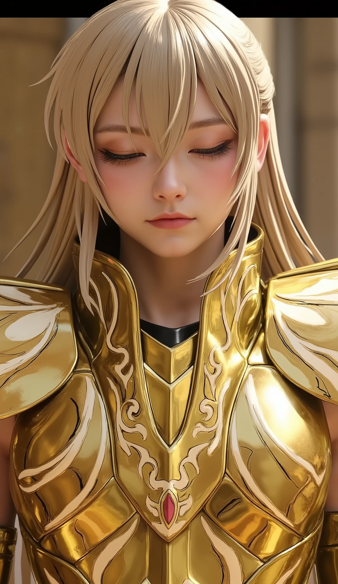 (Korean woman who cosplayed as Shaka from Virgo Balgo),((( close my eyes))), (((live-action))),(Young face),(((Close your eyelids))),(( full body shot on one side)),((Ancient Greek Temple )),(( shooting star, Milky Way)),(((Golden Shining Armor))),( perfect body),((Place your hands slightly apart and put them together)),( Soft Light on Your Face), shiny skin ,(( blonde long hair)),(( beautiful straight hair )), blue eyes, (8k, top quality , masterpiece:1.2, very knowledgeable about trends),(( anatomically correct, Ultra Detailed Skin )),