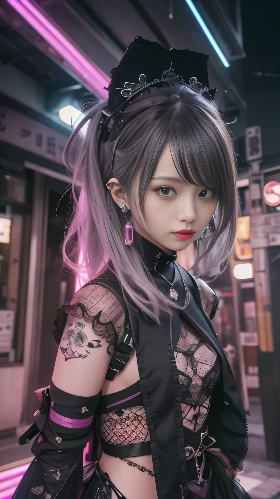 Masterpiece、 top quality、 super high resolution、 Super High Definition,aesthetic、16k、 ( photorealistic:1.4)、ゴシックpunkの衣装、 looks up, upper body,Hair bundle,Gray Hair,( realism:1.5、 by Nomi、 photorealistic)、black、 earrings、amount、Gothic skirt、Goth_punk,Sharp、night 、flat chest:1.8, AA-cup chest 、 Slim waist:1.2、 Long Sleeve、マイクロミニ skirt、(Unreal and dynamic、Surreal、 absurd、 dynamic action shot、 portrait、Super sharp、 realistic textured face and skin、 beautiful symmetrical face 、( perfect anatomy)、 CGSoation Trends、thigh, Particle Effects , Beautiful Effects, bright colors visible from the forehead, Neon Lights,、超A high resolution 、 Octane Rendering 、 DARK FANTASY 、Knee、 complex and detailed background、 very delicate and detailed、 skirt、Knee、Unconventional、 fancy mesh costume、