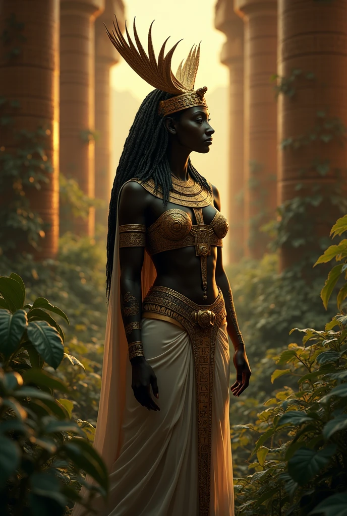 Create a portrait of Tefnut, the goddess of moisture in Egyptian mythology, with a serene yet powerful presence. Tefnut is depicted as a woman with dark, flowing hair, wearing a vulture headdress adorned with a solar disk and uraeus. Her skin is a deep, rich bronze, and her eyes are a glowing amber, reflecting the sun's light. She wears a dress made of fine, flowing linen, adorned with water motifs and shimmering with droplets of dew. The background features a lush, green landscape with rivers and waterfalls, framed by golden rays of sunlight. Use masterpiece, best quality, CG, wallpaper, HDR, high quality, ultra detailed face, cinematic, high detail, 8k, raw, high, artstation HQ, unreal engine, octane renderer, 4k resolution, hyperrealistic, highly detailed, and absurdres settings