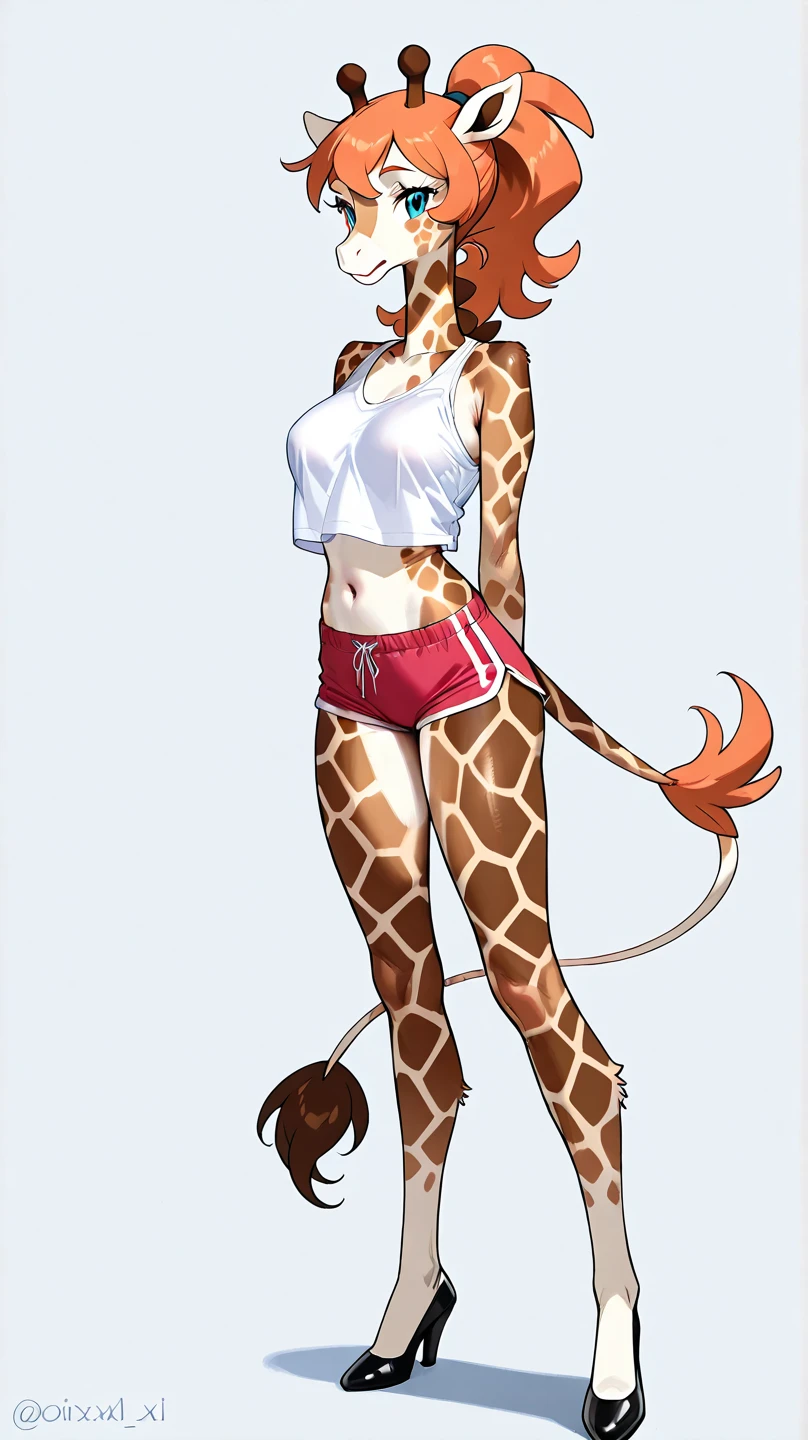 Masterpiece, hi res, absurdres, Best Quality, detailed, 4K, 8K, detailed,HD, By bebebebebe, by wsache, by greasymojo, by inu-sama, solo,tall,detailed eyes, male,girly, androgynous, curvy,thick, makeup, giraffe anthro,giraffe, red hair,long hair, long neck, Open mouth, oversized black camisole, panties,curvy, Big ass, dense tuft of fur above genitalia,dense tuft of fur on chest, better eyes, detailed eyes,detailed hands,bulge, bulging crotch