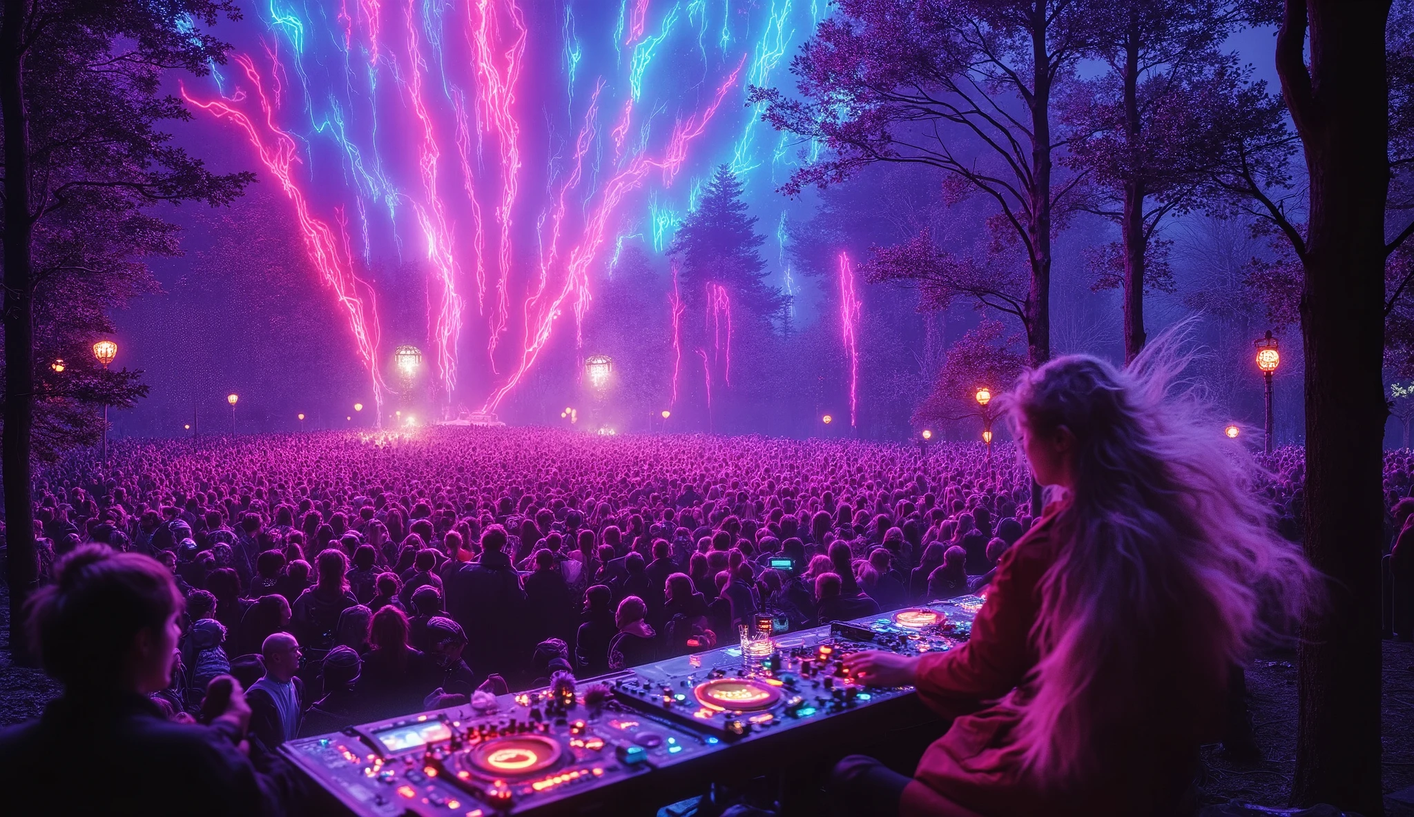 A wild, vibrant rave taking place deep in Norway's dark forests, with colorful neon lights cutting through the trees and illuminating the night. The crowd is lost in the music, dancing under the stars as a DJ mixes energetic disco beats. Nordic women with wild, flowing hair are among the revelers, wearing futuristic and colorful outfits. The music fills the air with pulsating rhythms as the stage, surrounded by art deco-inspired lighting, seems to merge with the natural surroundings. A sense of wild freedom and joy permeates the atmosphere, with the forest around them alive to the sound of the music. Hyperrealistic, 8K, cinematic lighting, photorealistic.