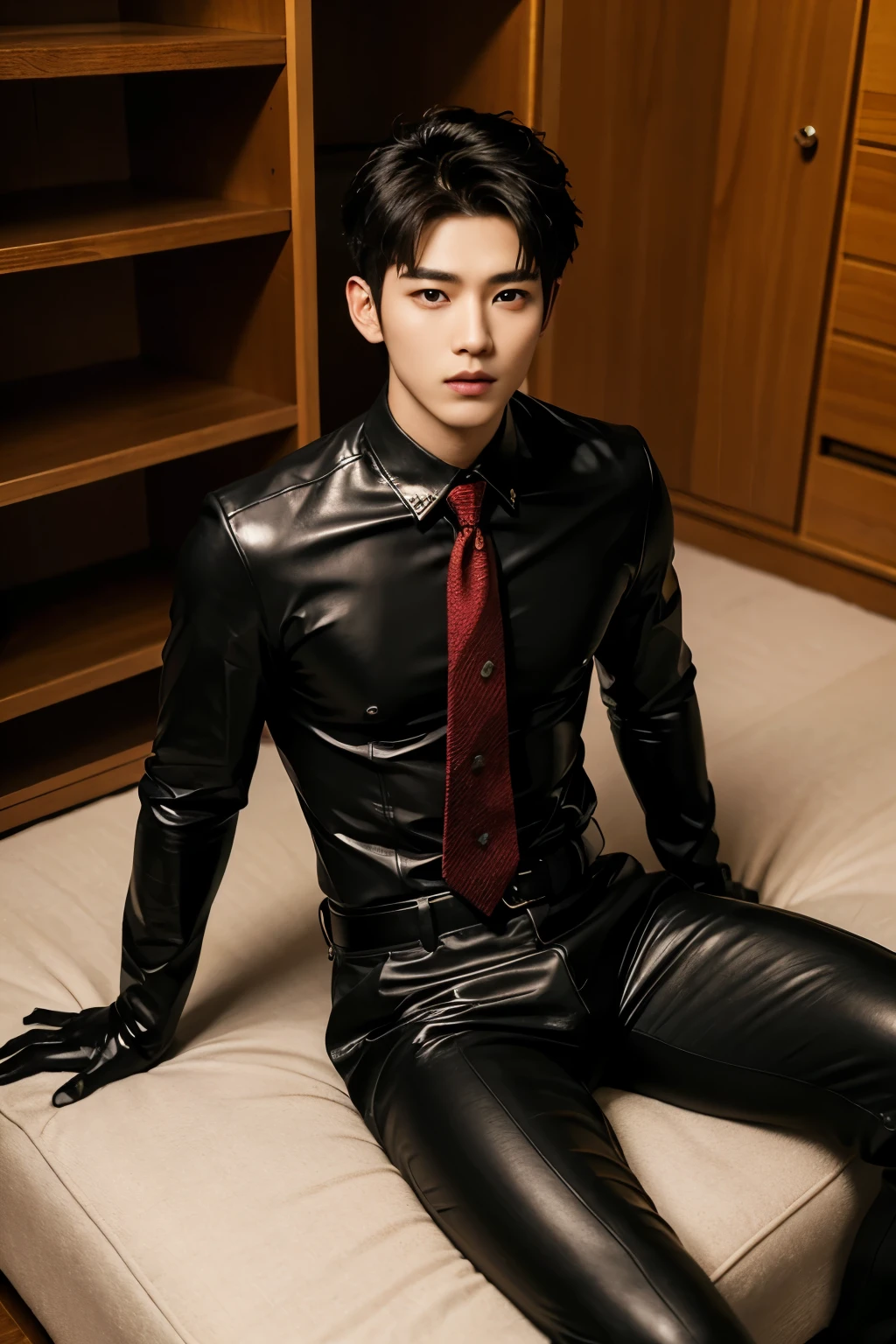 Handsome korean boy ,  full length shot ,  wearing tight leather leotard , high waisted leotard , wide hips ,  wide pelvis , phat hips , sexy , nsfw  , (only boy , only male) , details face