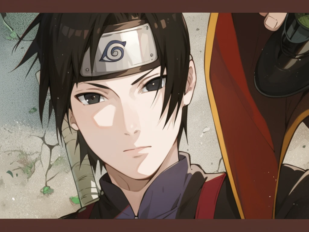 Sai, sai from anime naruto, 1boy, solo, black hair, black eyes, forehead protector, konohagakure symbol, crop zipper, long sleeves, short sleeves, background outdoors
