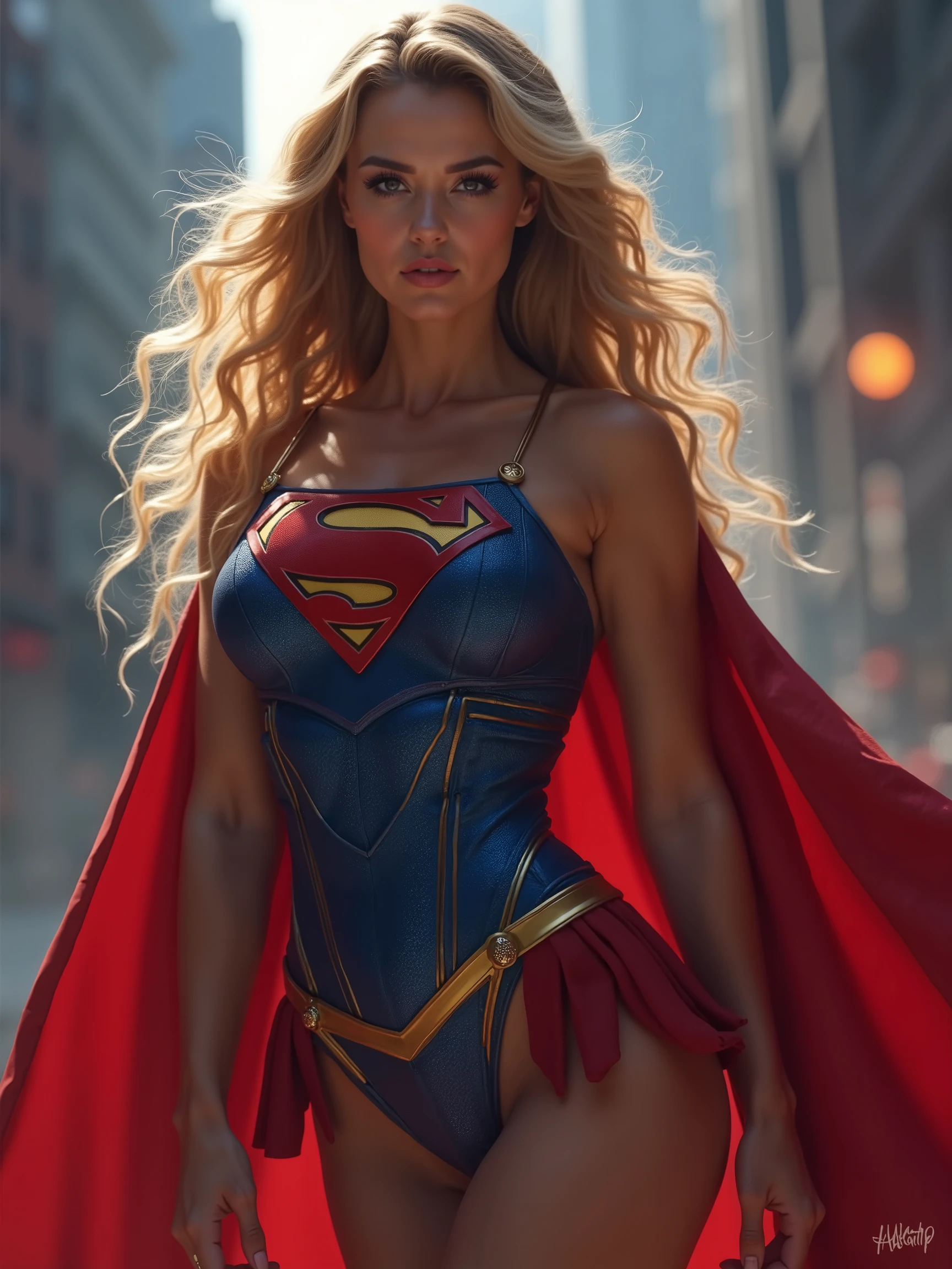 Award-winner photo, magazine shot of a woman body set medium breasts, cute face, sexual posing, ripped unbuttoned Supergirl costume dress, torn clothes, bellybutton, scratches, at the street of a ruined megapolis, post apocalyptic world, distopya, fallout, biohazard, cozy, sunset, dramatic light, warm light, rim light, hbo channel, Netflix movie
