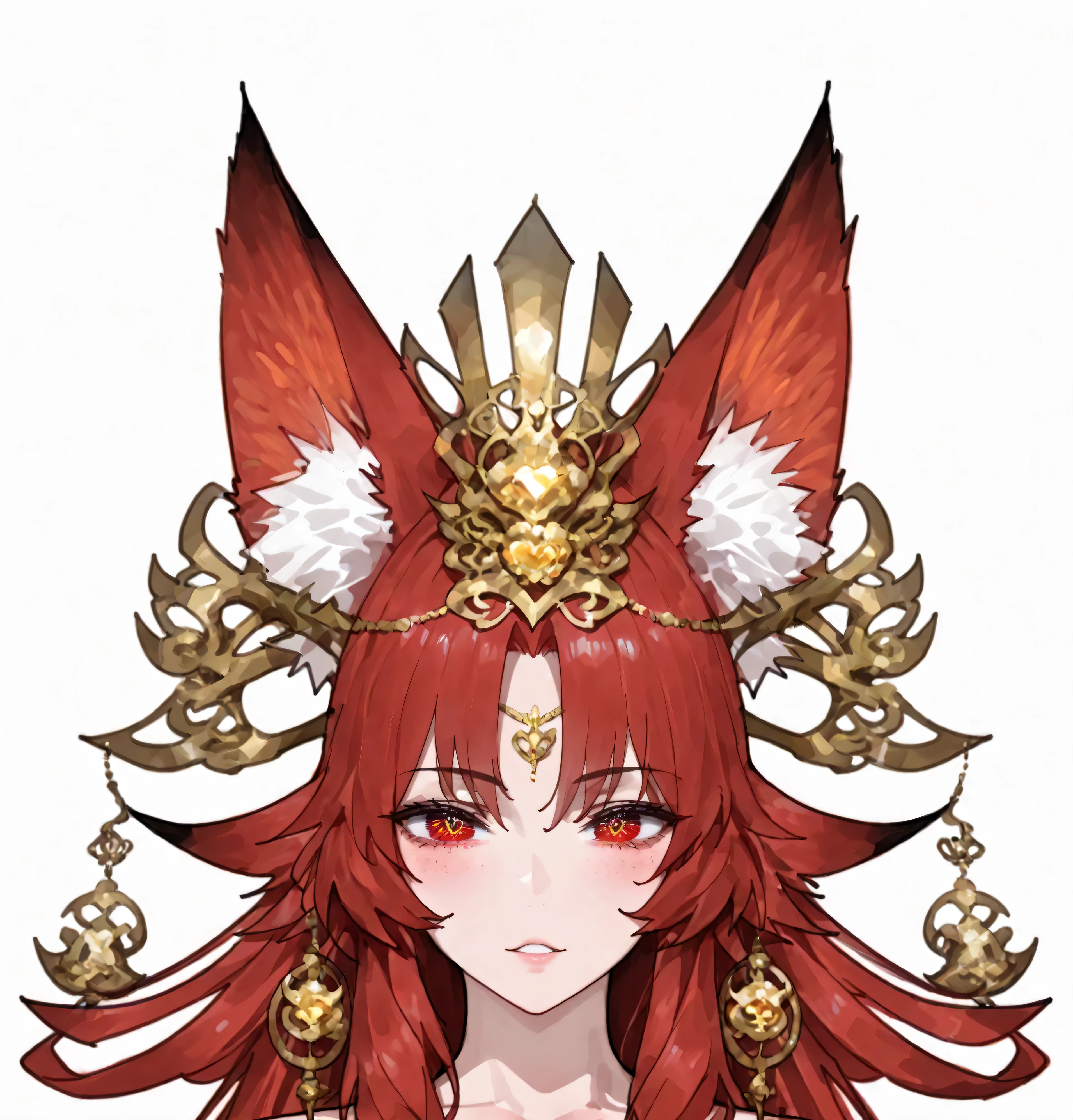 Fox Demon， red hair，Cold-hearted personality， Gorgeous gold jewelry ， red eyes，Royal sister，Phoenix Eyes。