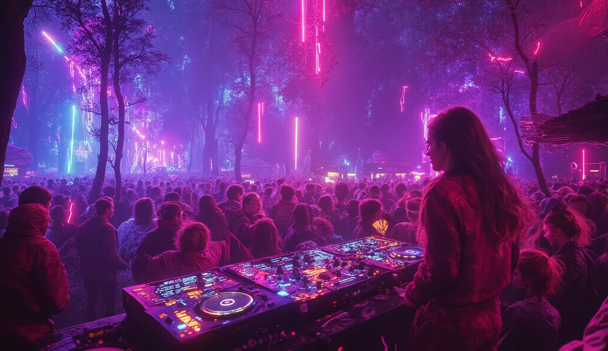 A wild, vibrant rave taking place deep in Norway's dark forests, with colorful neon lights cutting through the trees and illuminating the night. The crowd is lost in the music, dancing under the stars as a DJ mixes energetic disco beats. Nordic women with wild, flowing hair are among the revelers, wearing futuristic and colorful outfits. The music fills the air with pulsating rhythms as the stage, surrounded by art deco-inspired lighting, seems to merge with the natural surroundings. A sense of wild freedom and joy permeates the atmosphere, with the forest around them alive to the sound of the music. Hyperrealistic, 8K, cinematic lighting, photorealistic.