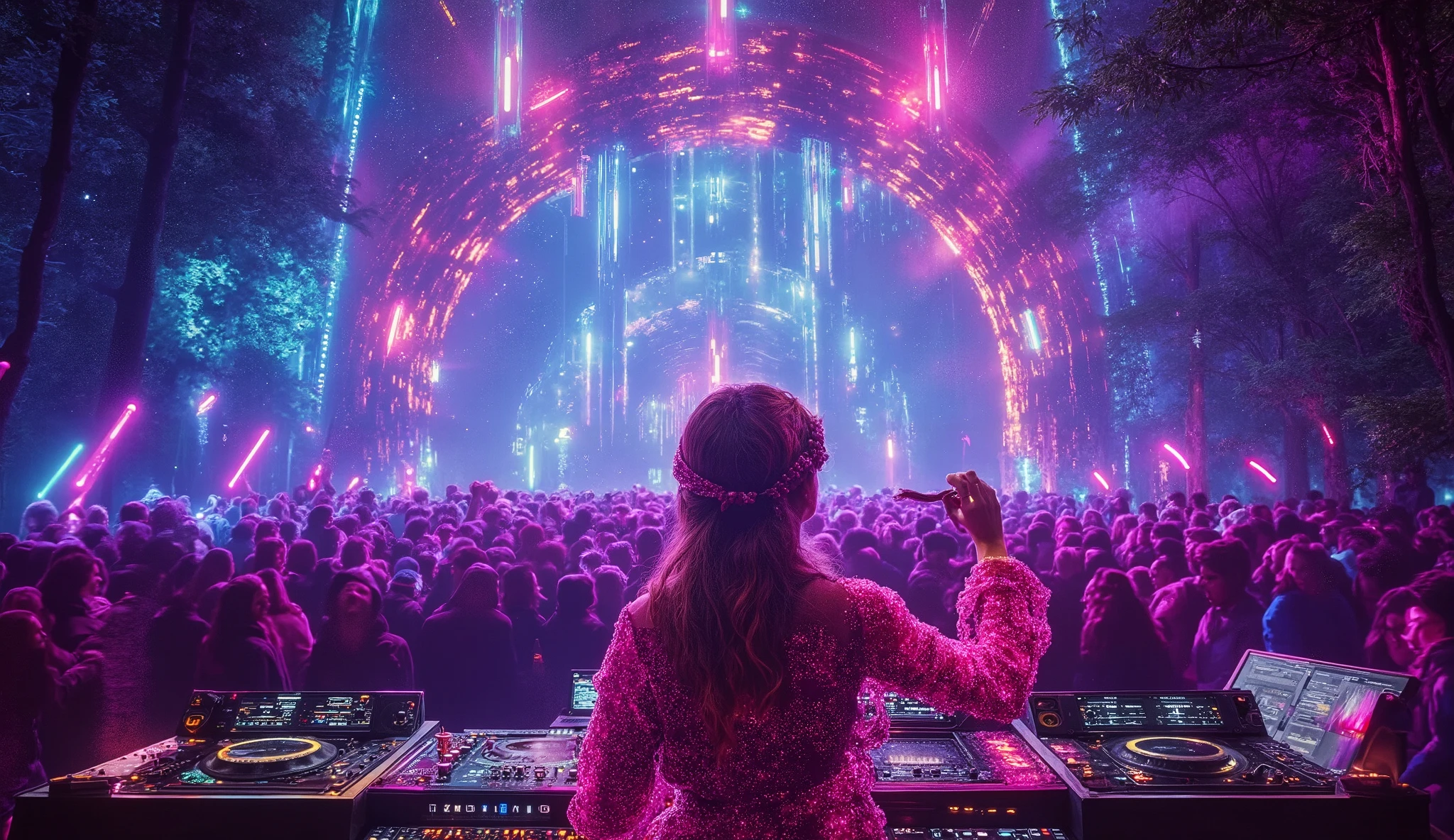 A wild, vibrant rave taking place deep in Norway's dark forests, with colorful neon lights cutting through the trees and illuminating the night. The crowd is lost in the music, dancing under the stars as a DJ mixes energetic disco beats. Nordic women with wild, flowing hair are among the revelers, wearing futuristic and colorful outfits. The music fills the air with pulsating rhythms as the stage, surrounded by art deco-inspired lighting, seems to merge with the natural surroundings. A sense of wild freedom and joy permeates the atmosphere, with the forest around them alive to the sound of the music. Hyperrealistic, 8K, cinematic lighting, photorealistic.
