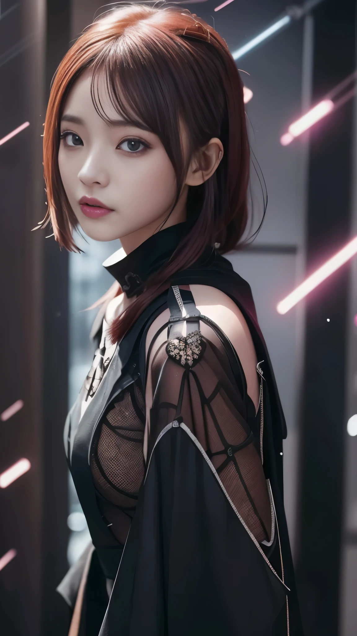 Masterpiece、 top quality、 super high resolution、 Super High Definition,aesthetic、16k、 ( photorealistic:1.4)、 red hair , Japanese 、night 、flat chest:1.8, AA-cup chest 、 Slim waist:1.2、 Long Sleeve、マイクロミニ skirt、(Unreal and dynamic、Surreal、 absurd、 dynamic action shot、 portrait、Super sharp、 realistic textured face and skin、 beautiful symmetrical face 、( perfect anatomy)、 CGSoation Trends、thigh, Particle Effects , Beautiful Effects, bright colors visible from the forehead, Neon Lights,、超A high resolution 、 Octane Rendering 、 DARK FANTASY 、Knee、 complex and detailed background、 very delicate and detailed、Cape、 skirt、Knee、Unconventional、Degrees of Freedom:1.5、Unconventional:1.5、 fancy mesh costume、