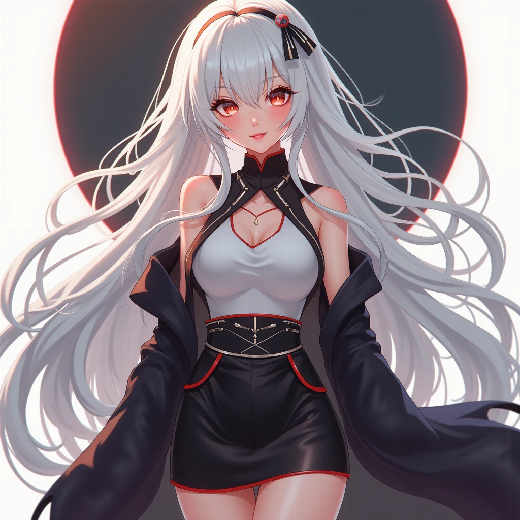 make one with white hair that looks dominant, Her body needs to show off a lot, she's a vampire, she has soft eyes, she shows her canines a little, she wears little skirt, she has a little big ass, she looks ahead