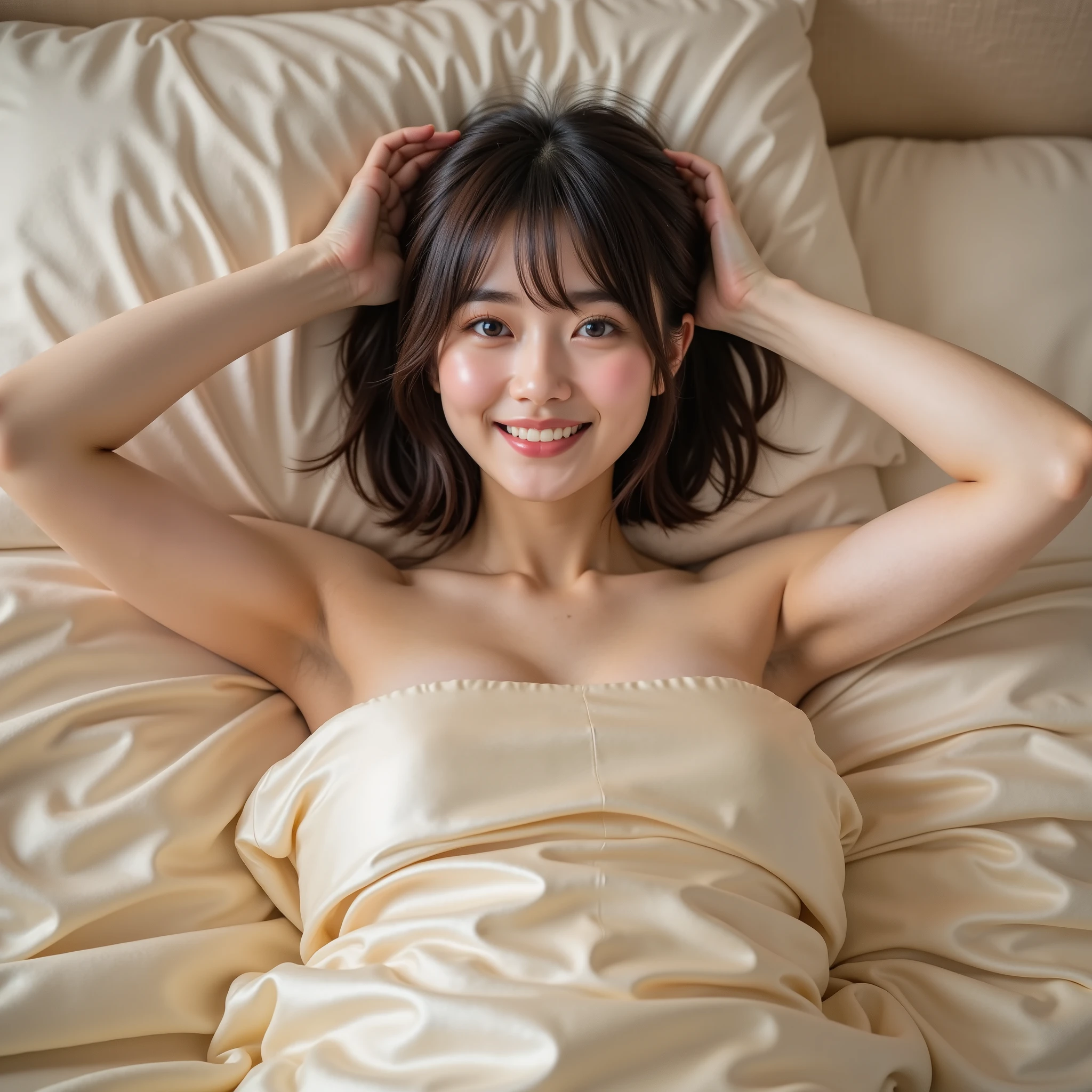 『 one Japanese girl :1.3』『 Real Photos:1.3』 top quality:1.2、(( big breasts))、 I can see a little cleavage、((young 20 year old woman ))、『 smiling showing teeth :1.9』、((( anatomically correct、 perfect anatomy、 anatomically correct指)))、 Slender Body, by Nomi, top quality, super high resolution, RAW Photo, (Curvy body)、 full body, with an idol-like appearance and smile ,Asahi, I'm shyly saying good morning from inside the bed,I'm wrapping a silk futon around my naked body, background is bedroom ,Raise your hands upward and stretch