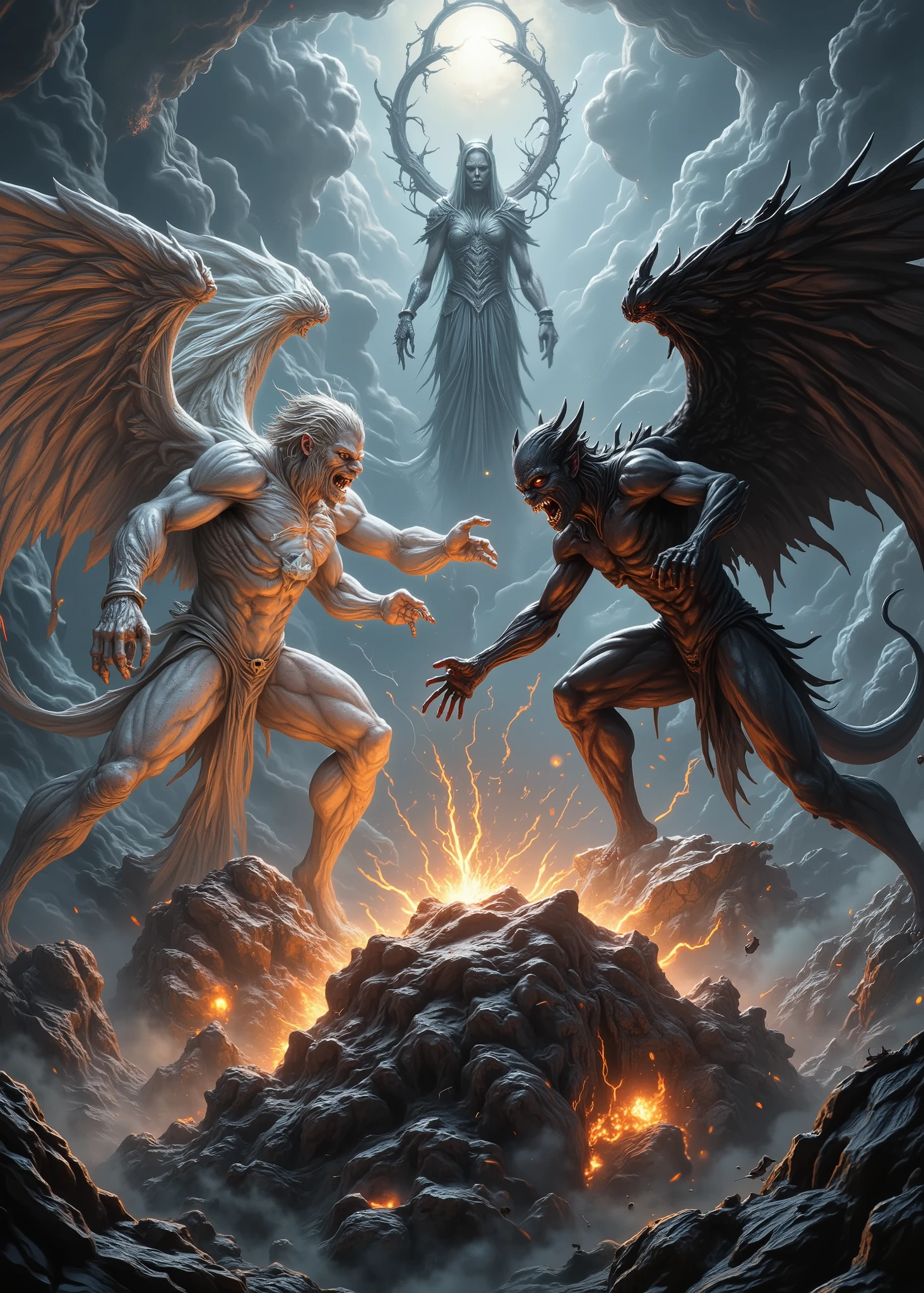 Realistic and authentic-oriented 、A fierce battle between a white angel and a black devil、God watches that battle from heaven、Intense and dynamic 、torn off、You can hear 、Lightning runs、Sparks fly、 roar above the swirling clouds