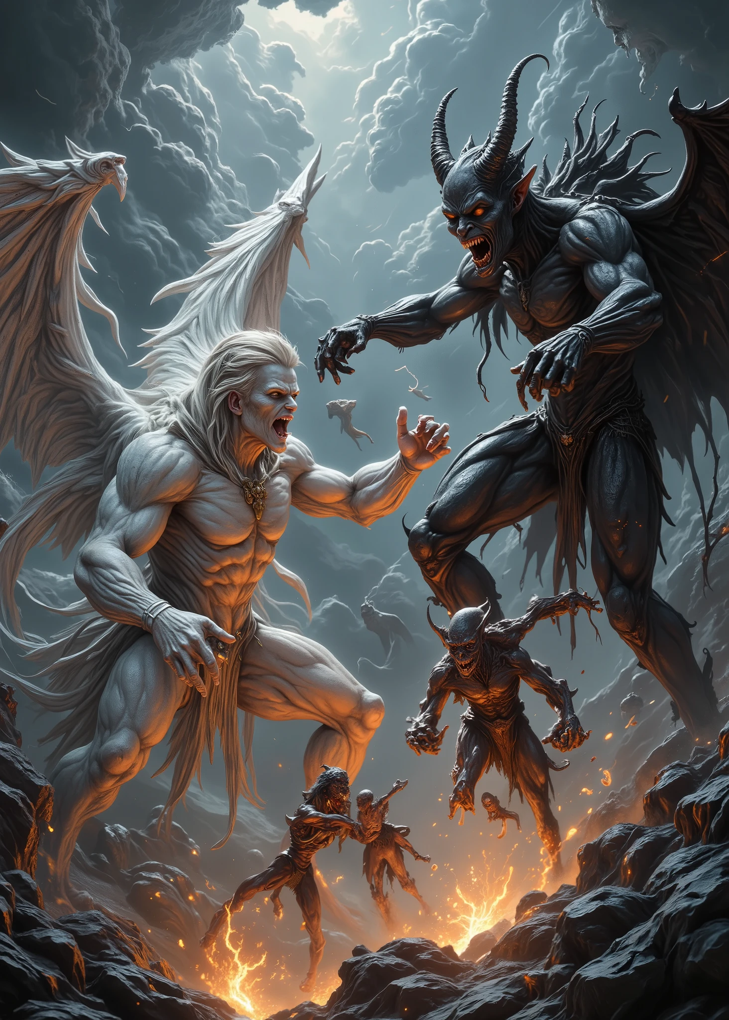 Realistic and authentic-oriented 、A fierce battle between a white angel and a black devil、God watches that battle from heaven、Intense and dynamic 、torn off、You can hear 、Lightning runs、Sparks fly、 roar above the swirling clouds