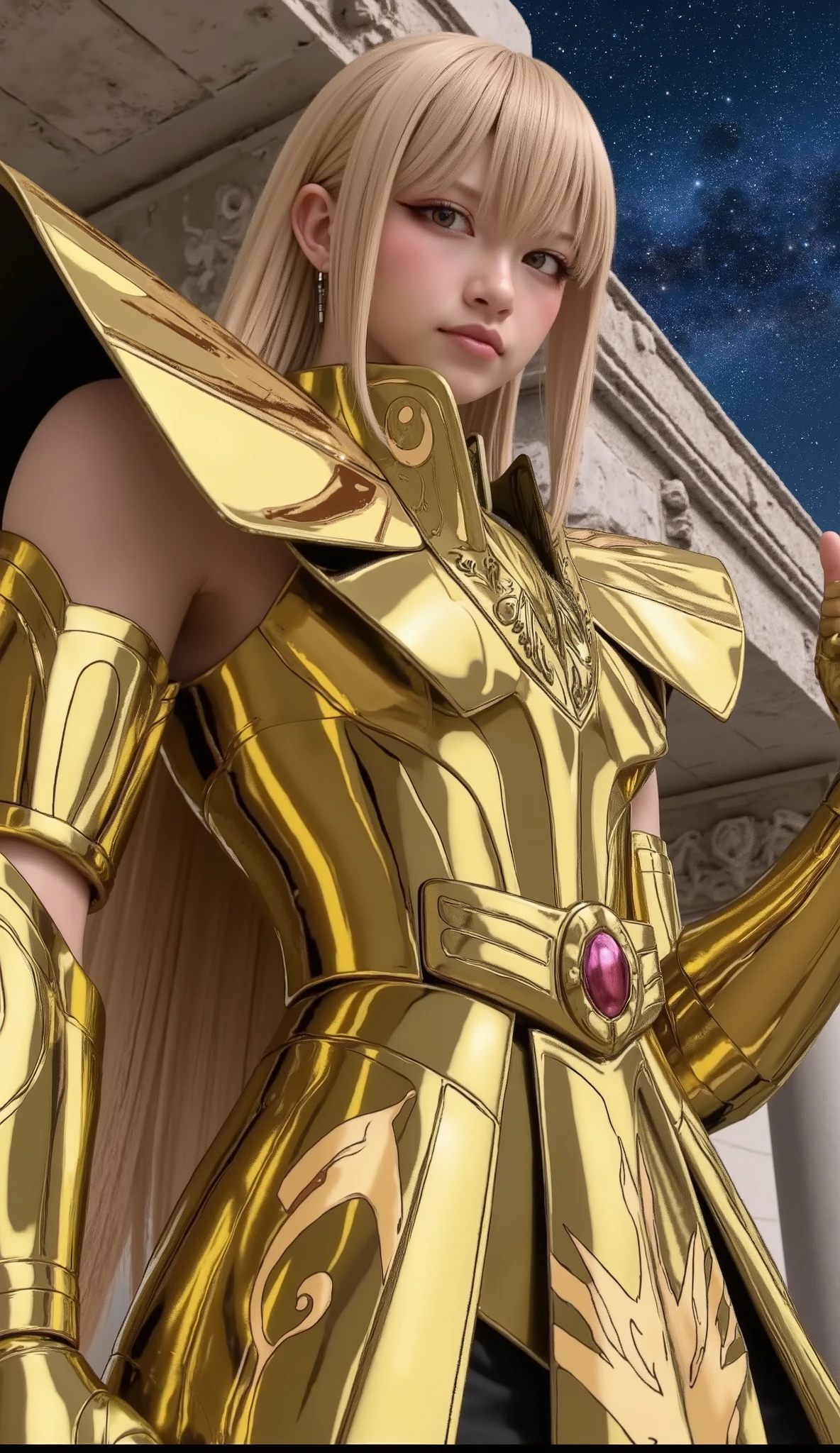 (Korean woman who cosplayed as Shaka from Virgo Balgo),(Young face),(( close my eyes)),((( full body shot on one side))),(Ancient Greek Temple ),( shooting star, Milky Way),((Golden Shining Armor)),( perfect body),( Soft Light on Your Face), ((live-action)), shiny skin ,( blonde long hair),(( beautiful straight hair )), (8k, top quality , masterpiece:1.2, very knowledgeable about trends),(( anatomically correct, Ultra Detailed Skin )),