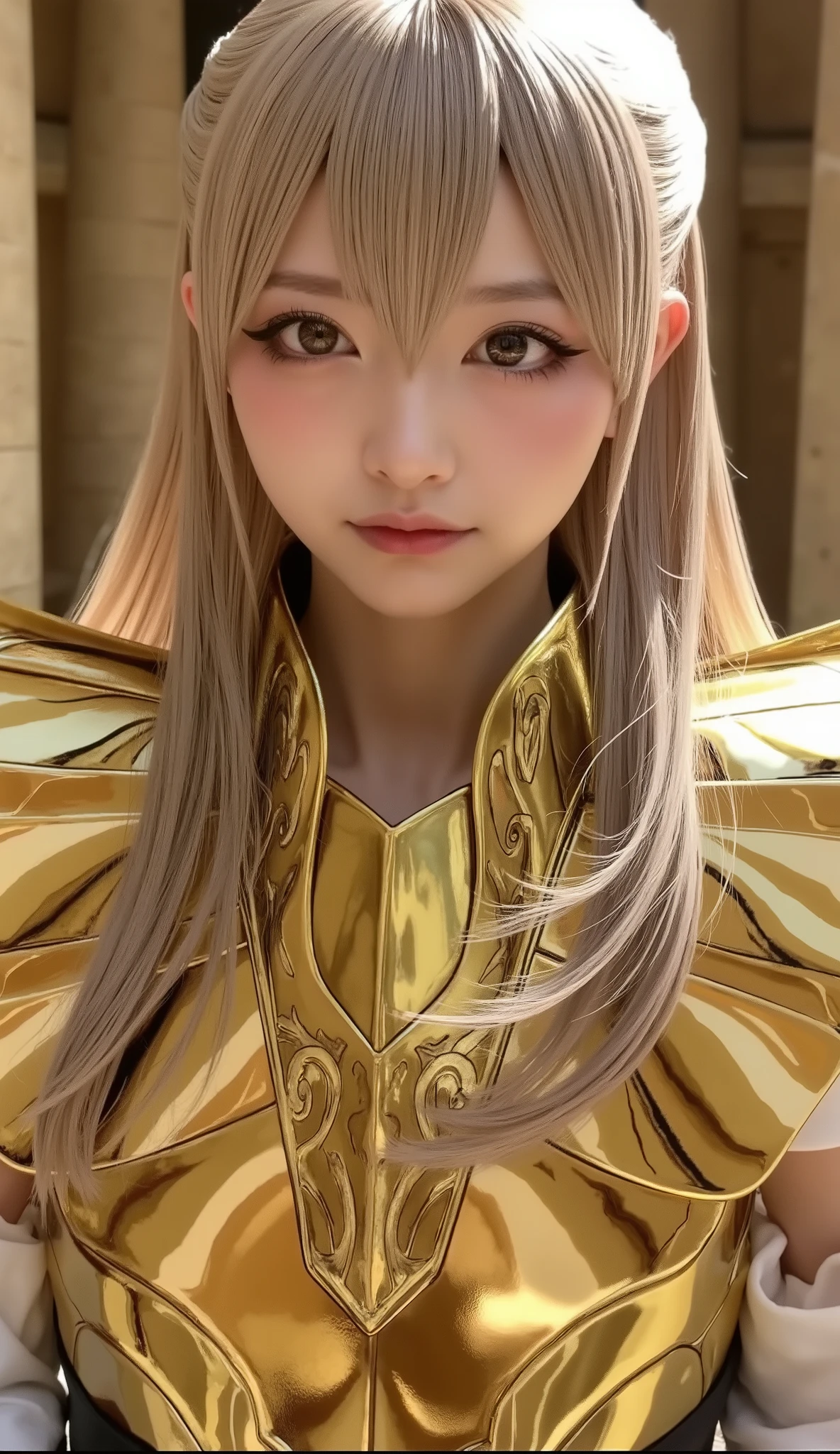 (Korean woman who cosplayed as Shaka from Virgo Balgo), ((live-action)),(Young face),((( close my eyes))),(( full body shot on one side)),((Ancient Greek Temple )),(( shooting star, Milky Way)),(((Golden Shining Armor))),( perfect body),(( while zazen)),( Soft Light on Your Face), shiny skin ,(( blonde long hair)),(( beautiful straight hair )), (8k, top quality , masterpiece:1.2, very knowledgeable about trends),(( anatomically correct, Ultra Detailed Skin )),