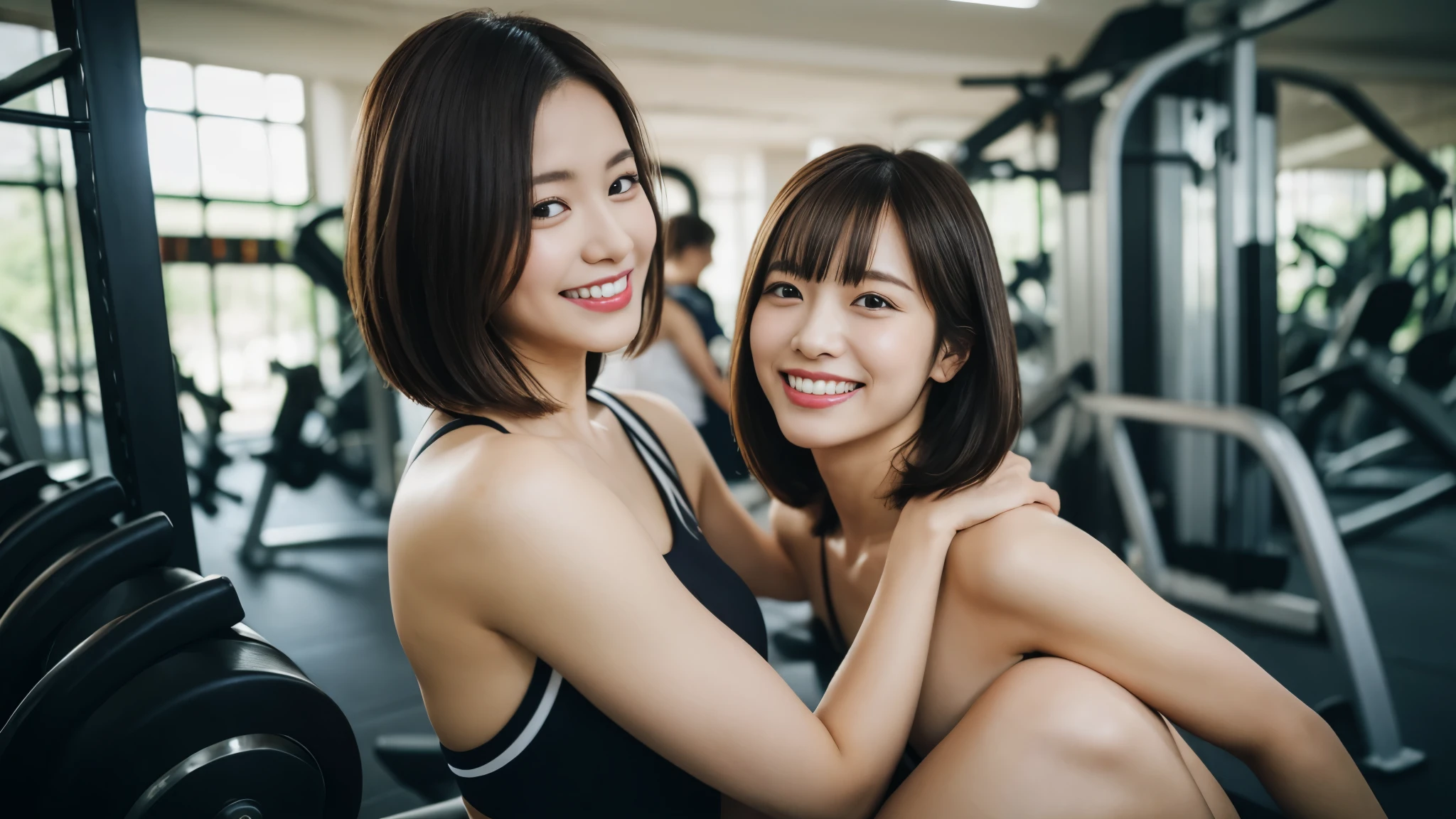 ((Two young women)), (anime), poses de corpo inteiro, exercitando-se intensamente em uma academia, wearing sports bras and floss made of transparent fabric, com suor brilhando em seus corpos. Both have short, messy multicolored hair with smiling faces, and one of them has visible pubic hair. They have toned athletic bodies with slim waists and huge breasts. (Mamilo inchado:1.3)