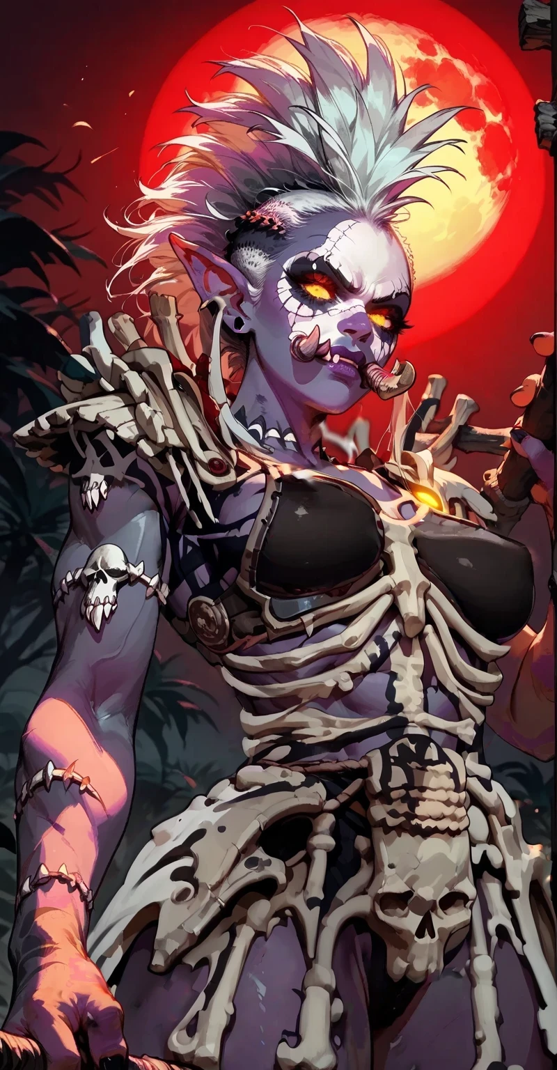 Trolls
large pointed ears, large nose, fangs
tusks, sexy beautiful female troll, toned body,, curvy, dark purple skin, white hair, (big high mohawk hairstyle:1.2), tribal tattos, sexy, ((very dark purple skin:1.1)) (dark purple skin:1.1) big tusks, raised eyebrow, fierce, powerful, menancing, grim, yellow glowing eyes, dark, evil, macabre, , wielding a staff made of vertebras and ribcage. voodoo shaman troll, whitch doctor, shadow hunter. highly detailed face, dynamic posing, from below, battle ready, ((in a dark swamp)) covered in blood, full of scars, scars over eye, red_tribal tattoos, shredded abs, revealing armor, sexy, (from below, focus on face, portrait, close shot:1.2) ((soft light, hard highlight, red moon, backlight)) ((Wearing skulls, bones and ribcage, bone armor:1.5))