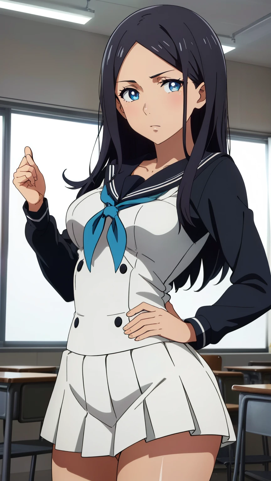 (Top quality, masterpiece, 8k), (anime coloring), very detailed, very detailed, perfect face, beautiful eyes, perfect eyes, detailed eyes, detailed face, ultra-detailed, detailed eyes, symmetrical eyes, sharp details, 1 girl, solo, (black long hair, straight hair), 18 years old, medium breasts, healthy skin, slim, slim body, (quiet, nervous), (highschool girl, sailor suit, long sleeve, skirt, classroom), (cowboy shot:1.3), (dynamic pose), looking at the viewer, in the center of the image,