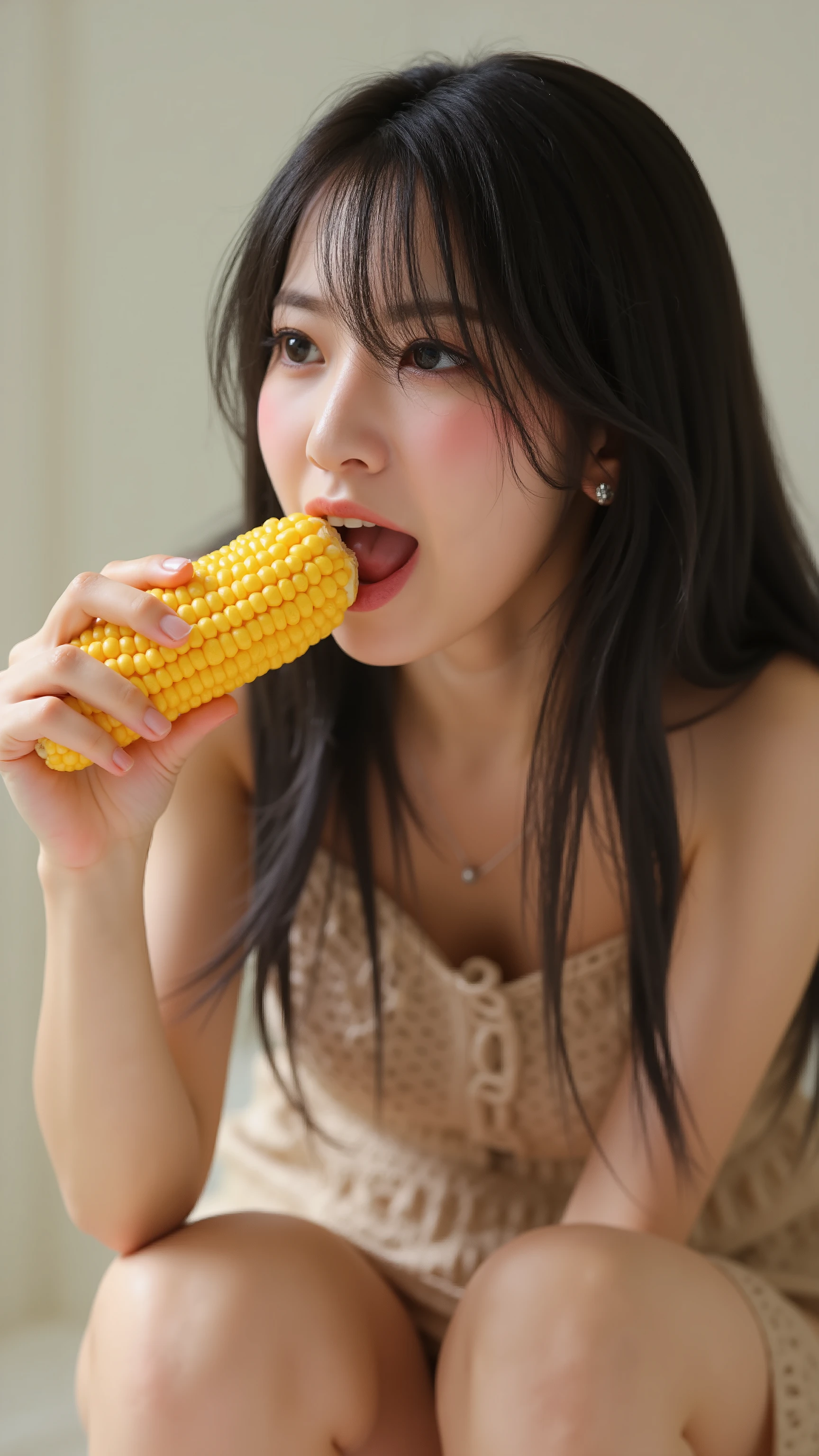 A high resolution photograph of a Japanese woman in mini dress with long hair on knees. She thrusts a thick yellow-corn in hand deep into her mouth. She is pushing and pulling the thick yellow-corn deep into mouth. She looks at the viewer with a painful expression, intricate details, best quality, 8k.
