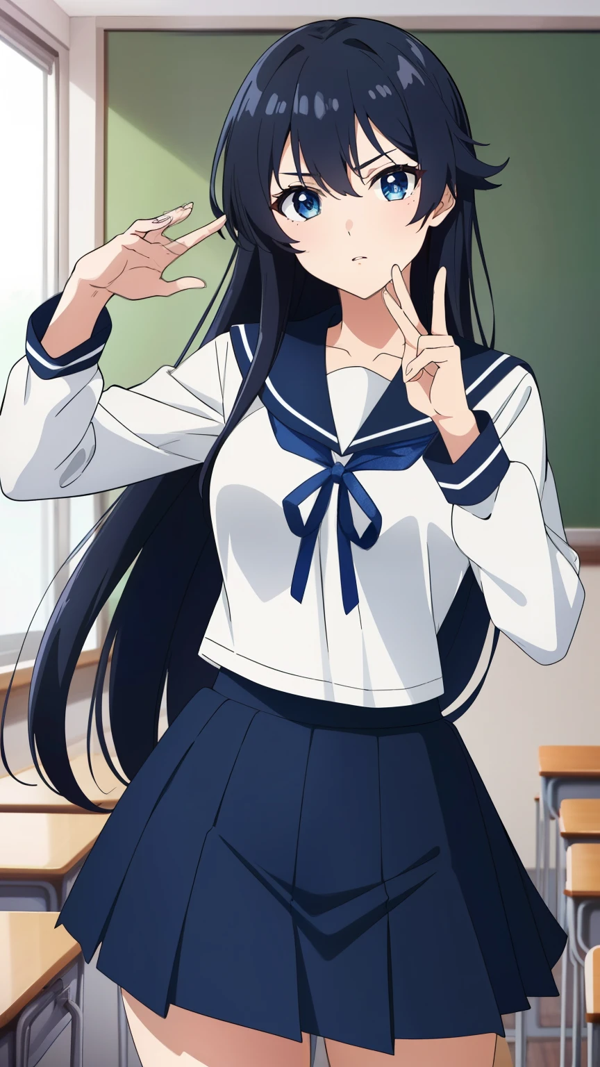 (Top quality, masterpiece, 8k), (anime coloring), very detailed, very detailed, perfect face, beautiful eyes, perfect eyes, detailed eyes, detailed face, ultra-detailed, detailed eyes, symmetrical eyes, sharp details, 1 girl, solo, (black long hair, straight hair), 18 years old, medium breasts, healthy skin, slim, slim body, (quiet, nervous), (high girl, white sailor suit, white long sleeve, navy blue ribbon, black skirt, classroom), (cowboy shot:1.3), (dynamic pose), looking at the viewer, in the center of the image,