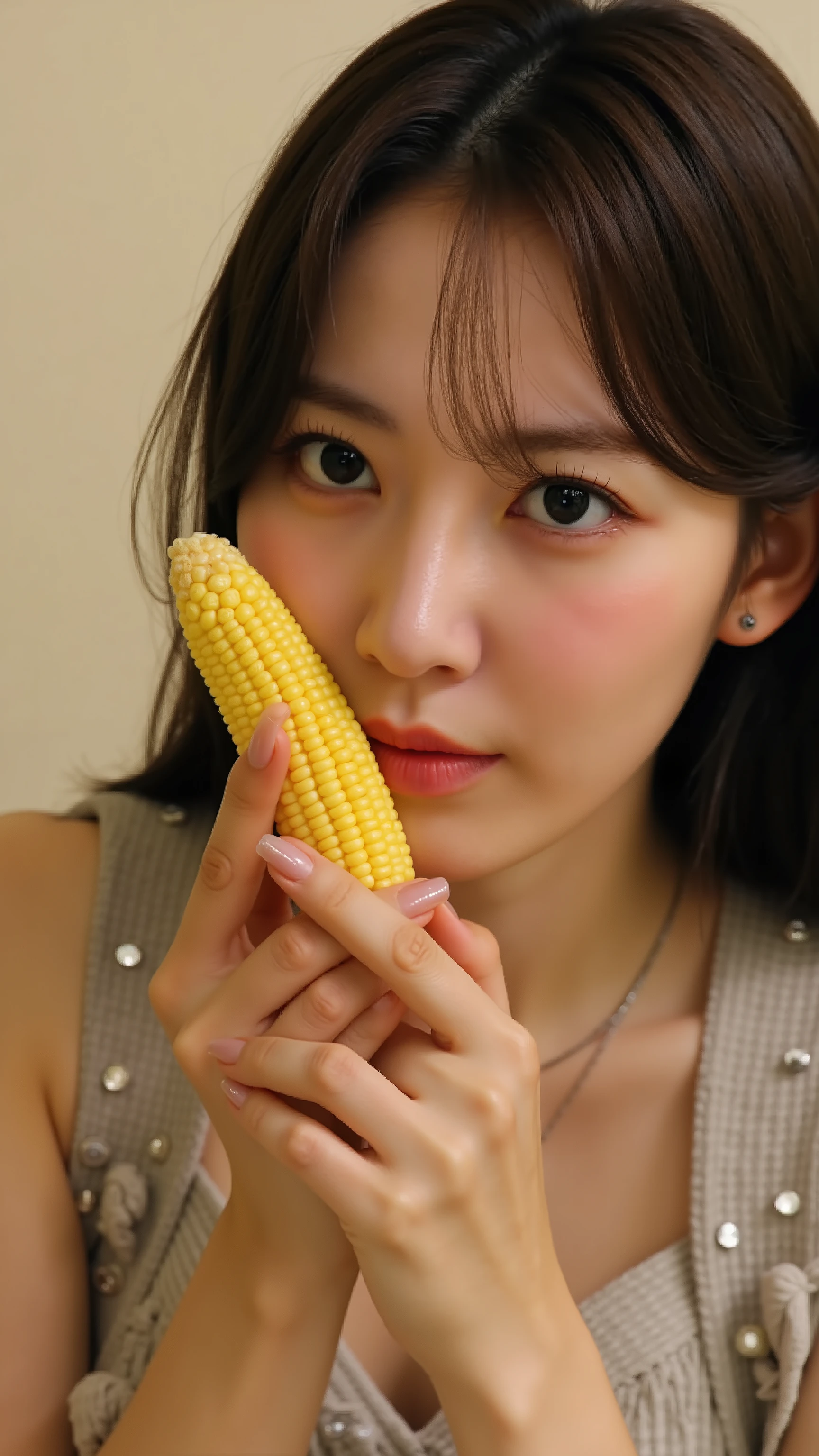  A high resolution photograph of a Japanese woman in mini dress with long hair on knees. She thrusts a thick yellow-corn in hand deep into her mouth. She is pushing and pulling the thick yellow-corn deep into mouth. She looks at the viewer with a painful expression, intricate details, best quality, 8k.