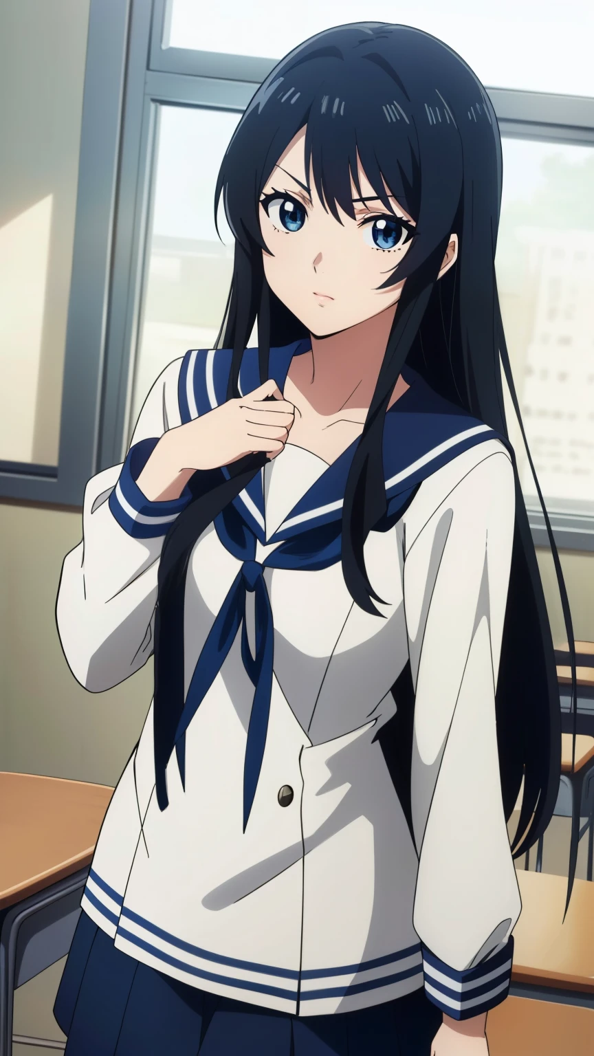 (Top quality, masterpiece, 8k), (anime coloring:1.2), very detailed, very detailed, perfect face, beautiful eyes, perfect eyes, detailed eyes, detailed face, ultra-detailed, detailed eyes, symmetrical eyes, sharp details, 1 girl, solo, (black long hair, straight hair), 18 years old, medium breasts, healthy skin, slim, slim body, (quiet, nervous), (highschool girl, white sailor suit, white long sleeve, navy blue ribbon, black skirt, classroom), (cowboy shot:1.3), (dynamic pose), looking at the viewer, in the center of the image,