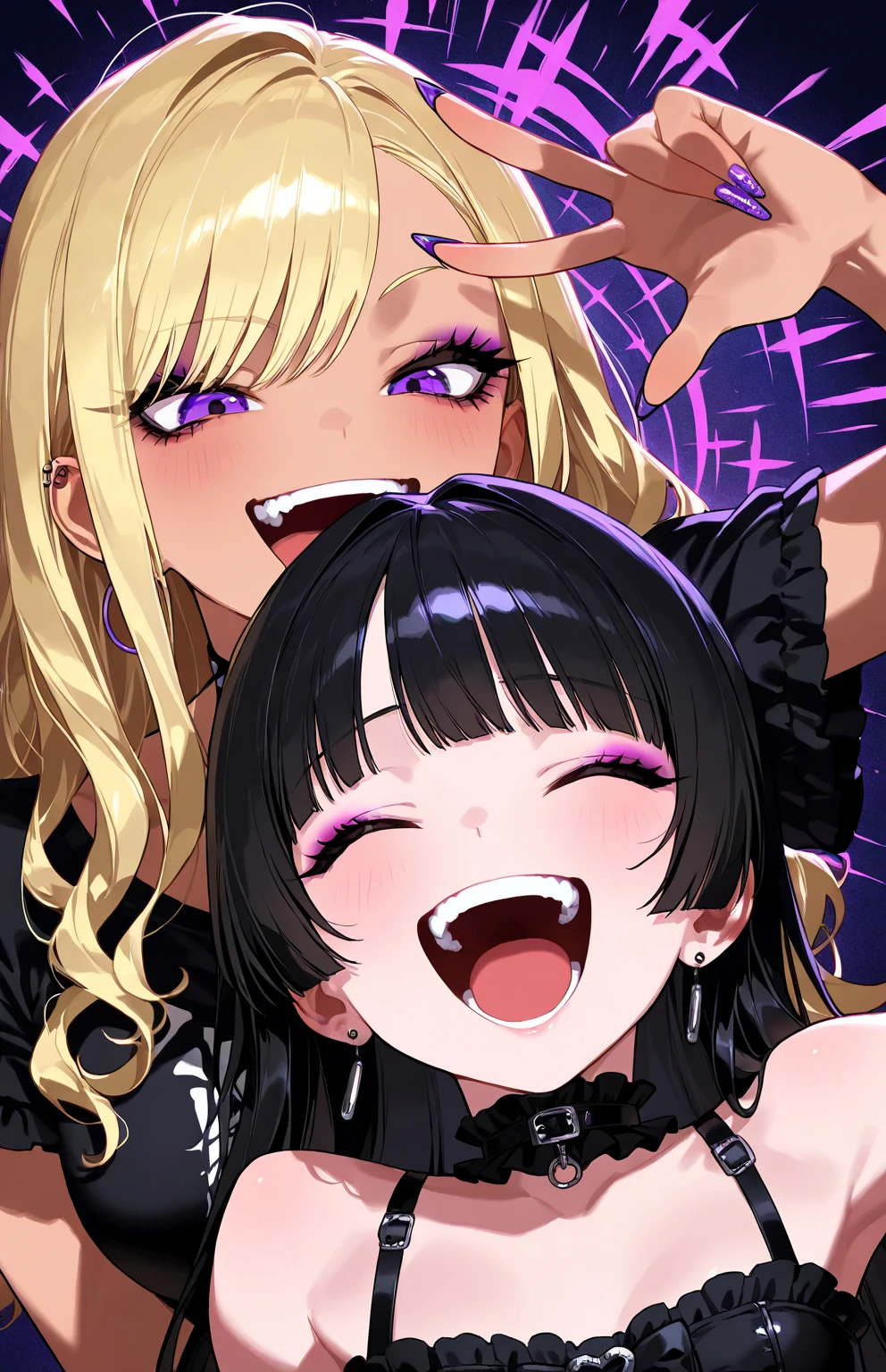Two girls, blush, Black skin, Emo Dress, piercing, suck member, cum on face, saliva, party, birthday, high quality, 4k