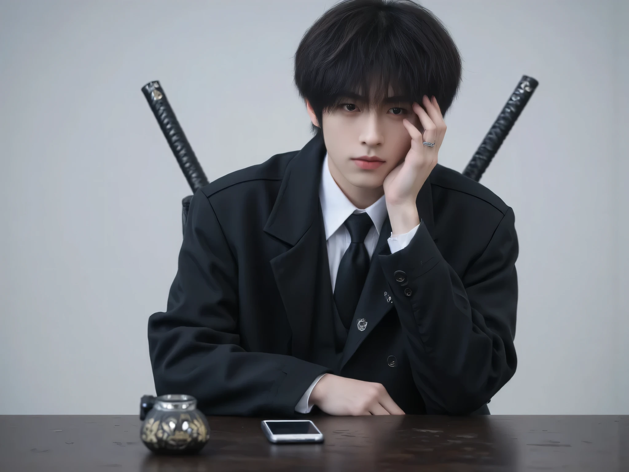 , young man, black hair, White skin, หน้าตา castingเหลา, Japanese people, White skin, casting, , hand coordinated, Conference table , Masterpiece, smartphones, boy , handsome man, Black Jacquet Set , Simple Background, 2 rear swords, Fantasy Sword, upper body , worried face color , , bend the face, One person, Detailed image, clear, front view.
