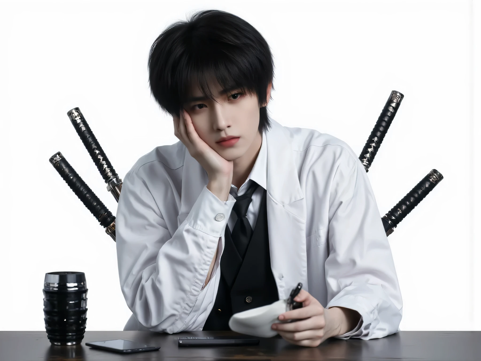 , young man, Kirito Character, black hair, White skin, หน้าตา castingเหลา, Japanese people, White skin, casting, , hand coordinated, Conference table , Masterpiece, smartphones, boy , handsome man, Black Jacquet Set , Simple Background, 2 rear swords, Fantasy Sword, upper body , worried face color , , bend the face, One person, Detailed image, clear, front view.