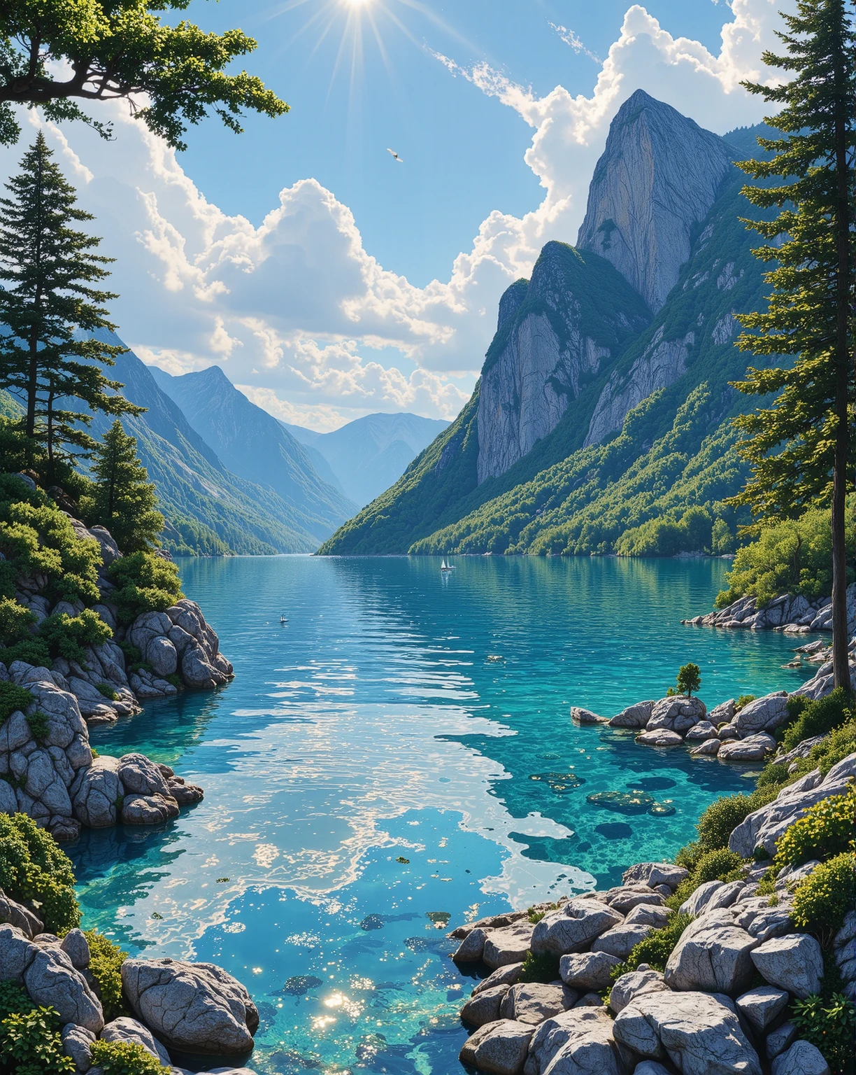 A serene mountain lake scene in ultra-detailed 4K resolution, with sunlight sparkling on the crystal-clear turquoise water. The water reflects the surrounding lush greenery and rugged rocks. Dense, vibrant green foliage covers the rocky shoreline, with leaves illuminated by dappled sunlight. A small sailboat with a white sail drifts gently in the distance, framed by towering forested mountains. The sky is a brilliant blue with fluffy white clouds, and the sun shines brightly, casting radiant beams across the scene. Rendered in a semi-realistic digital art style with bold, thick outlines and detailed textures, emphasizing the shimmering water, rough rocks, and lush foliage."