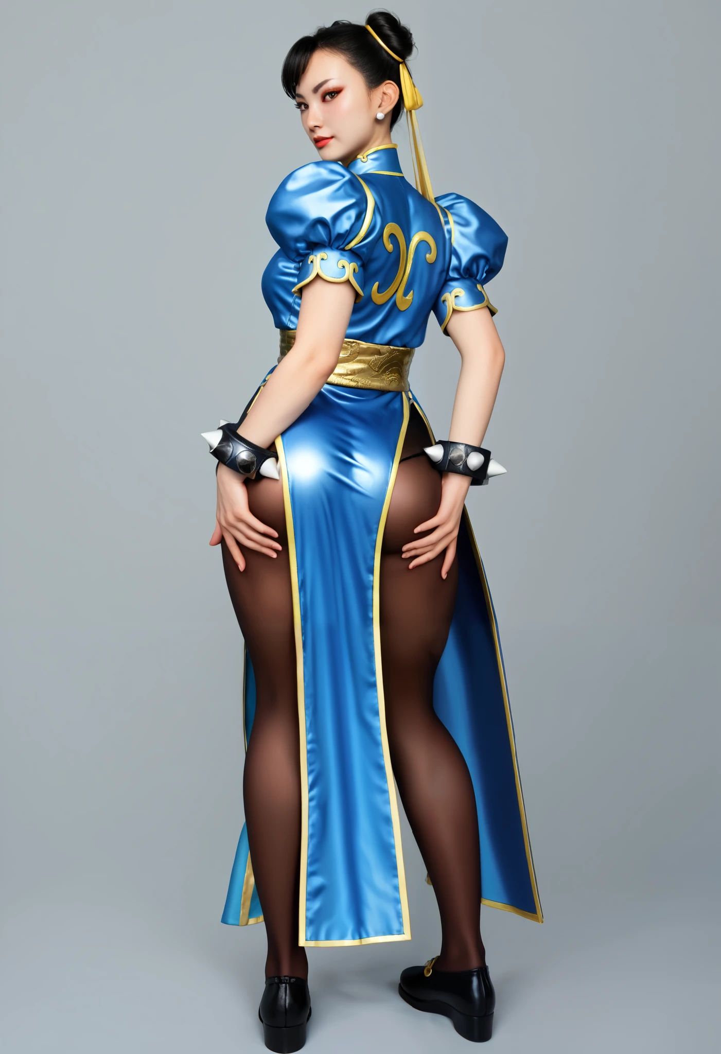 (high resolution, pixel perfect), (hyper quality, muste piece, etheric: 1.4), nsfw, (full_body), good hands, perfect hands,1girl, solo, chunliSDXL, short hair, black hair, dress, brown eyes, jewelry, short sleeves, pantyhose, earrings, puffy sleeves, hair bun, bracelet, puffy short sleeves, sash, double bun, makeup, chinese clothes, china dress, pelvic curtain, spikes, brown pantyhose,bun cover, spiked bracelet, (standing, open stance, hand on own ass), ((Exquisite face, blush)), gleaming skin, sweat, (simple_background), dominatrix, bondage outfit, latex gloves, latex corset, latex panties,