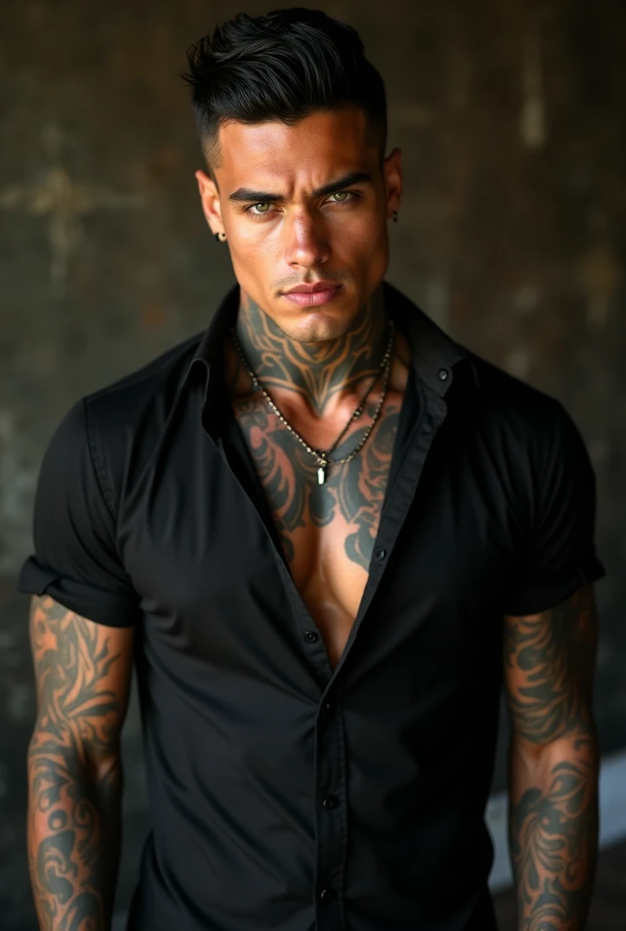 A young man of about 2, without any beard on the face, tall, dark-skinned, white-haired bad boy, amber eyes and a small scar above the left eye, tattoos on the arm to the neck, in a black shirt closed only halfway exposing his chest with nipple piercings, his hands inside the pockets of his dark gray dress pants looking at me from the front of my black dodge hellcat