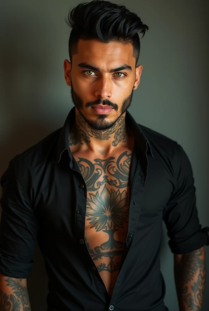 AI design imvu a young muscular man with goatee with “ruy” tattoo and other tattoos bedroom background