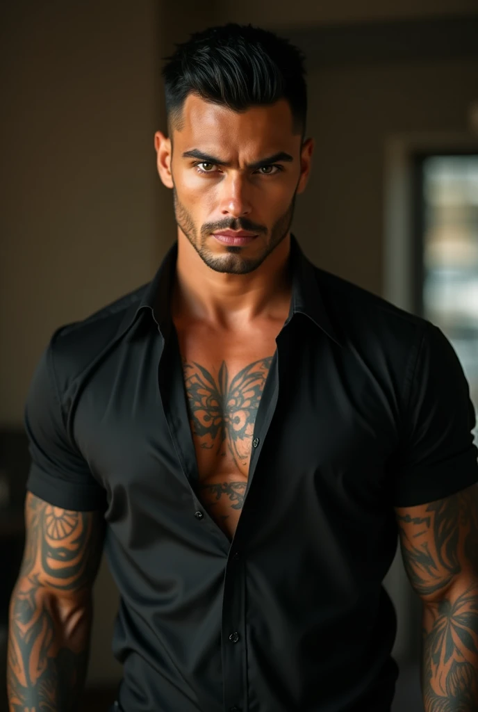 Lightskin masculine male with brown eyes with tattoos and short black wavy hair