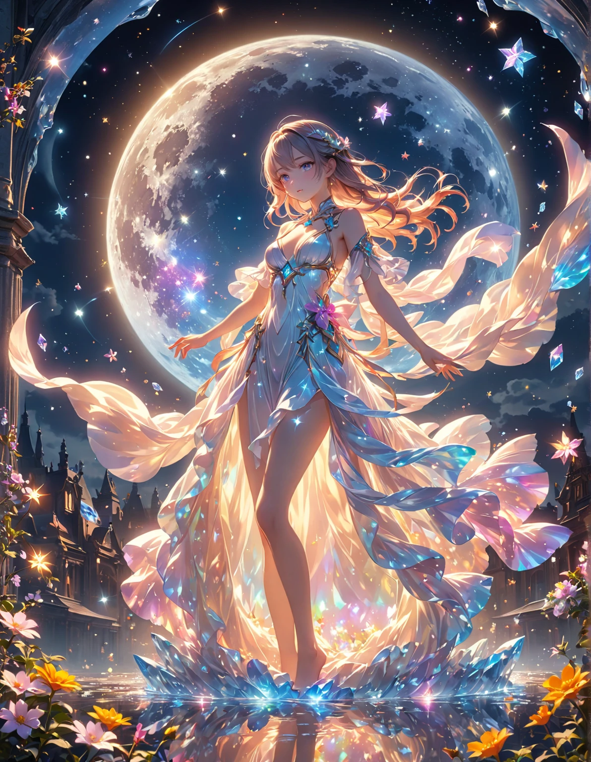 Cute girl characters、the met、Skyscrapers serve as a background、Describes a scene with butterflies lying on the water flying around, Looking up at the starry sky. Surround her with colorful nebulae and her favorite constellations.