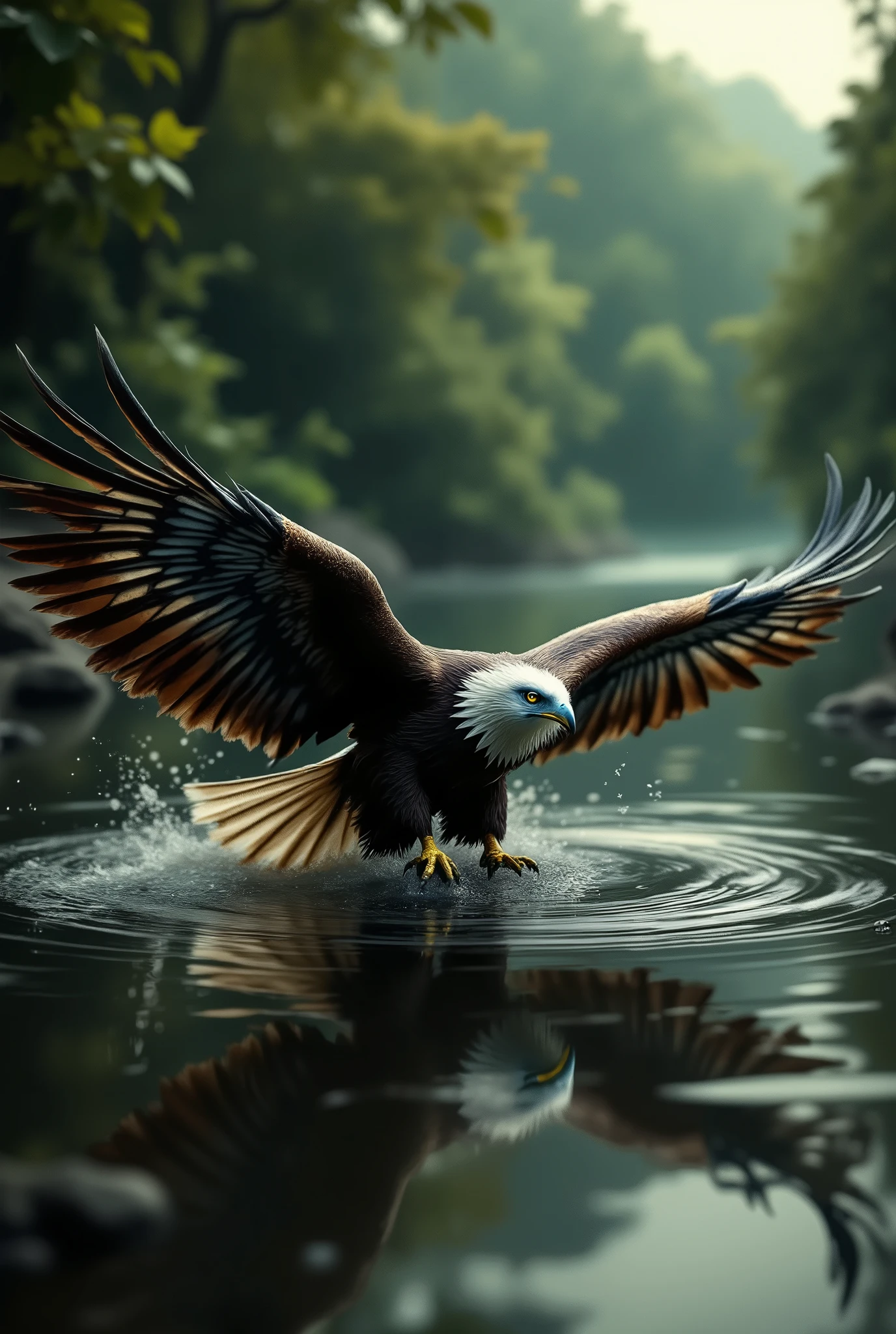(Very beautiful photo shot ), photo realistically , of an eagle that touches the water surface with the left side of the wing, making a small cut through the water, each pen can be seen very beautifully , Masterpiece , Luchshee Kachestvo, a maximum of details , 8 k, complicated details, High definition , digital photo shot , tank shot , (( shows flying from the side)), forests,