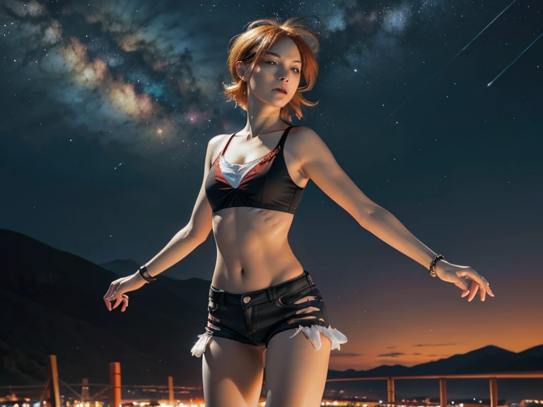 (masterpiece:1.5, Highest quality, Very detailed、 Dutch Angle、Realistic、2.5D、Realistic)(One Girl, Sports Girl, cutegirl)(Grey Hair:1.6,,short hair)(Sports Bra、Jacket:1.5、Shorts、肩にJacketをかける)、((medium breasts, Beautiful cleavage,underboob))(from backside),(Beautiful starry sky、Mystical Night、Particles of light float around the woman、Fantastic space、Looking down on the building)